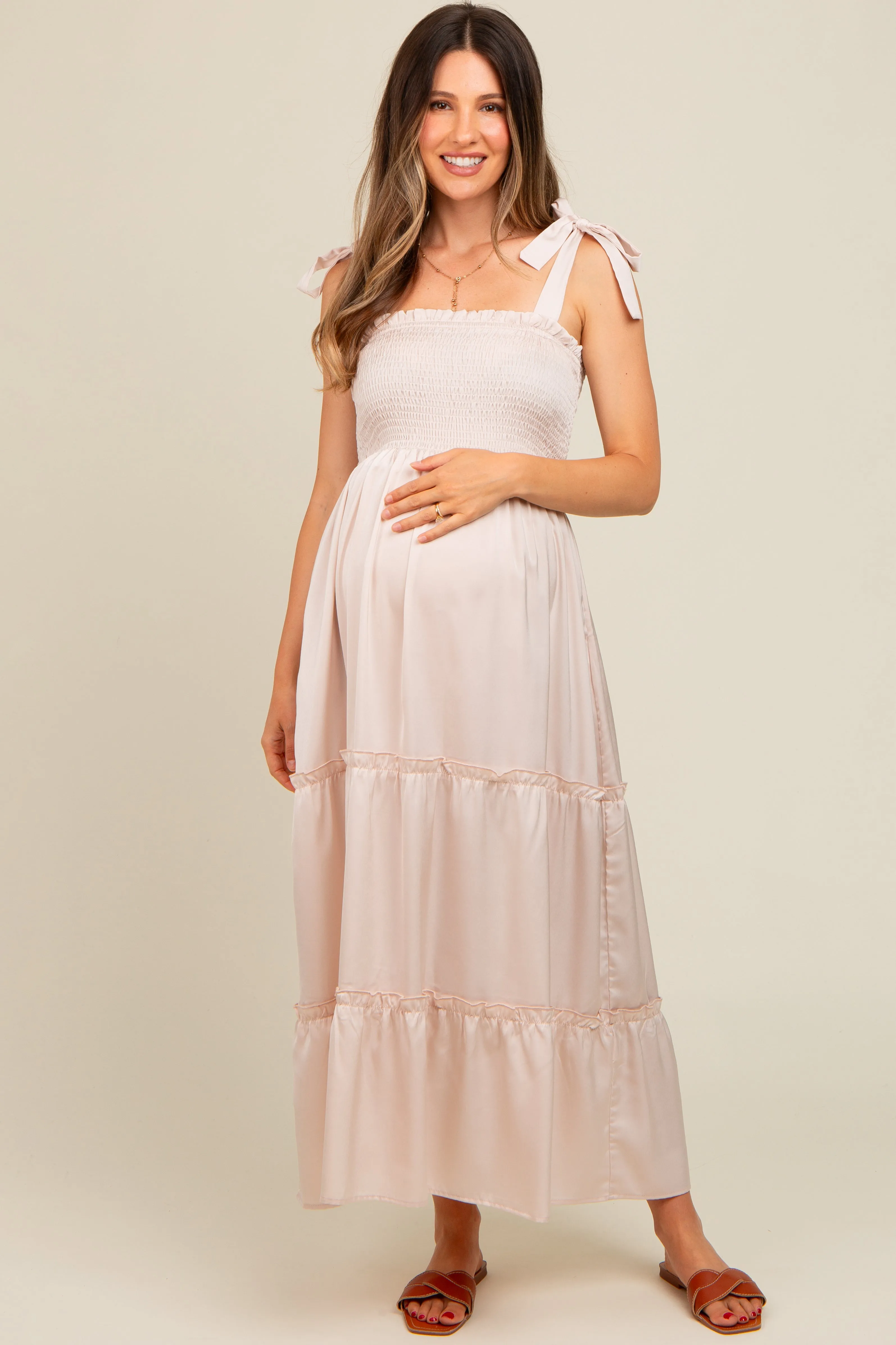 Beige Satin Smocked Maternity Maxi Dress sold by Pinkblush product image thumbnail 2
