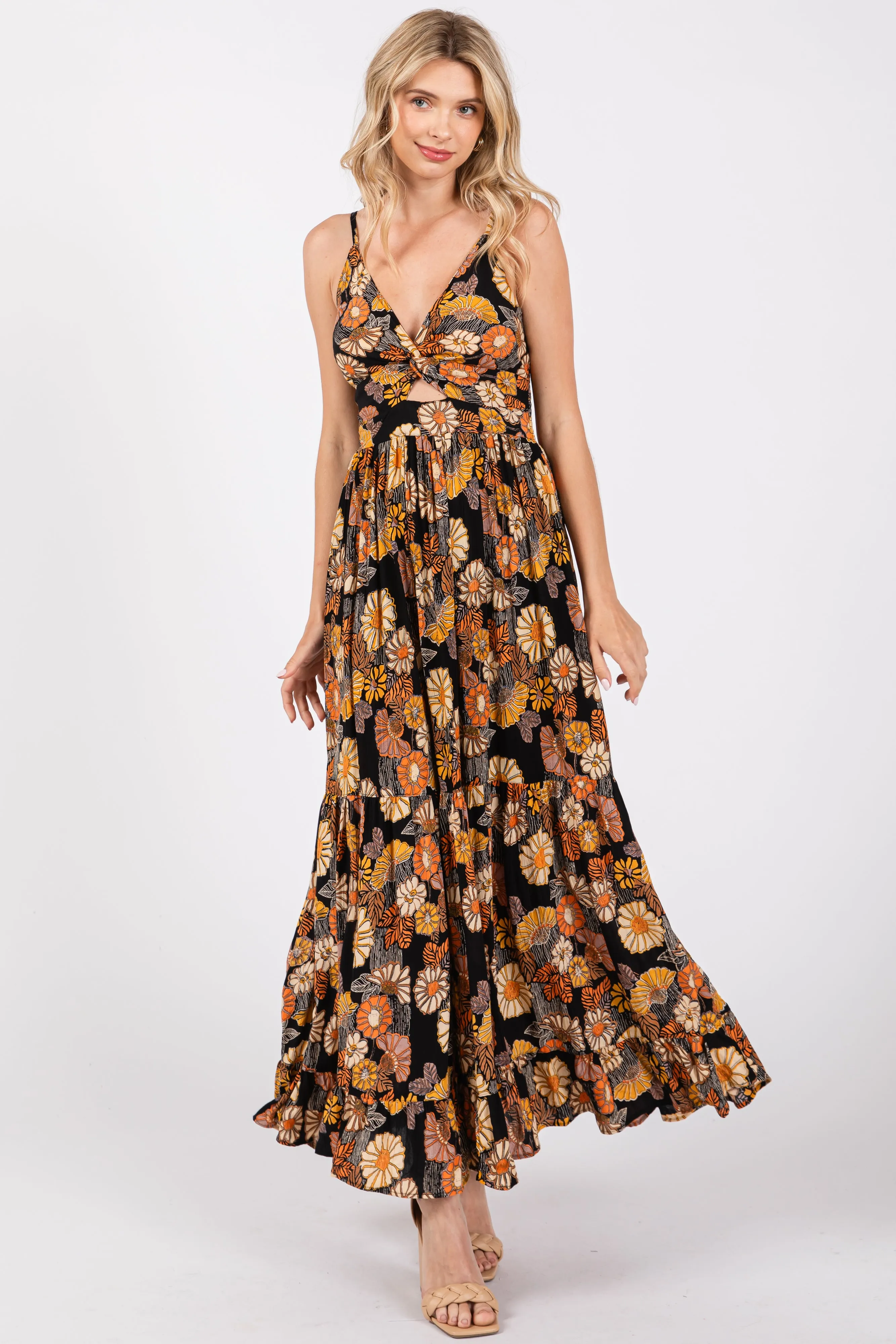 Black Floral Knot Front V-Neck Ruffle Hem Maxi Dress sold by Pinkblush
