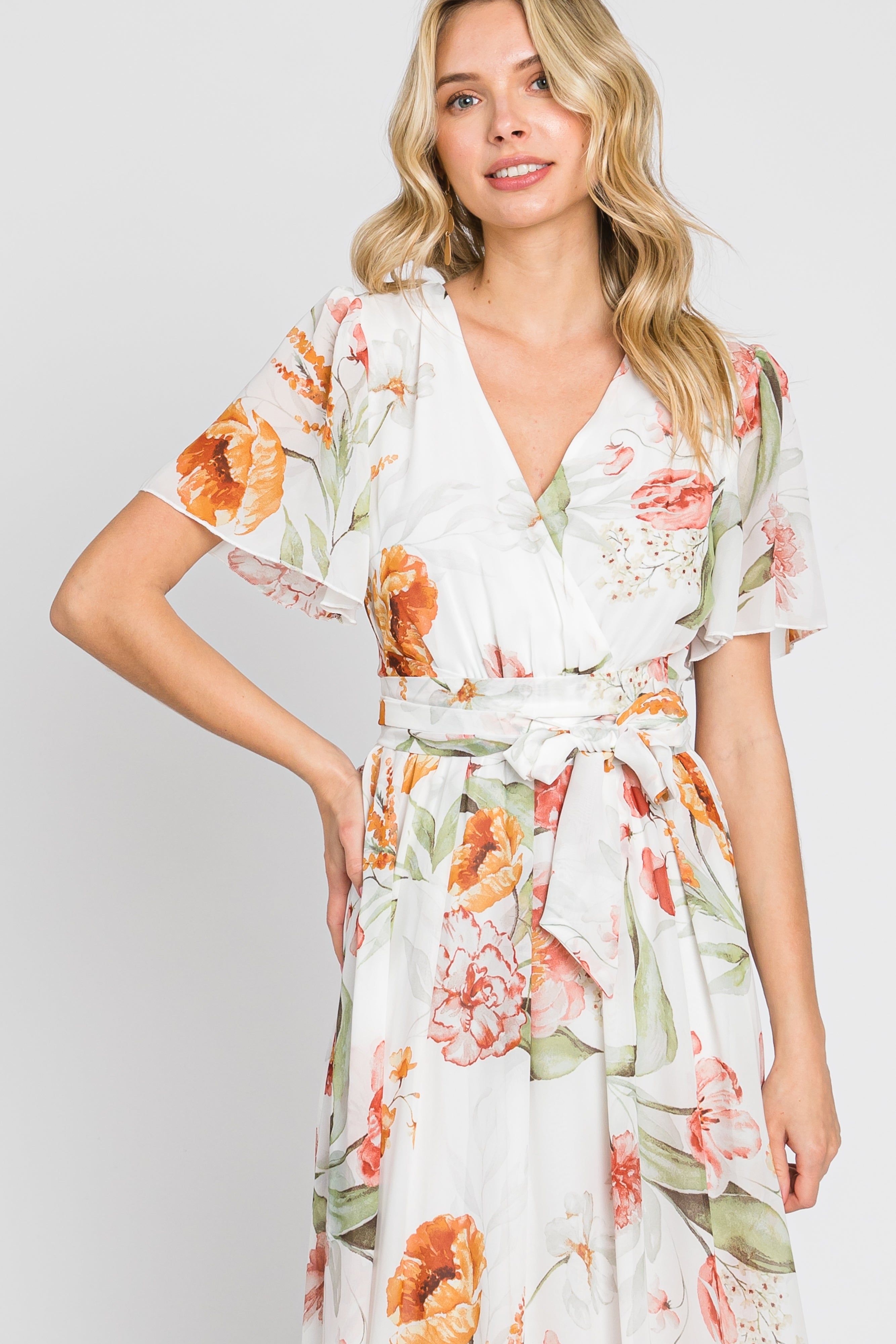 Ivory Floral Chiffon Wrap Front Short Sleeve Maxi Dress sold by Pinkblush product image thumbnail 4