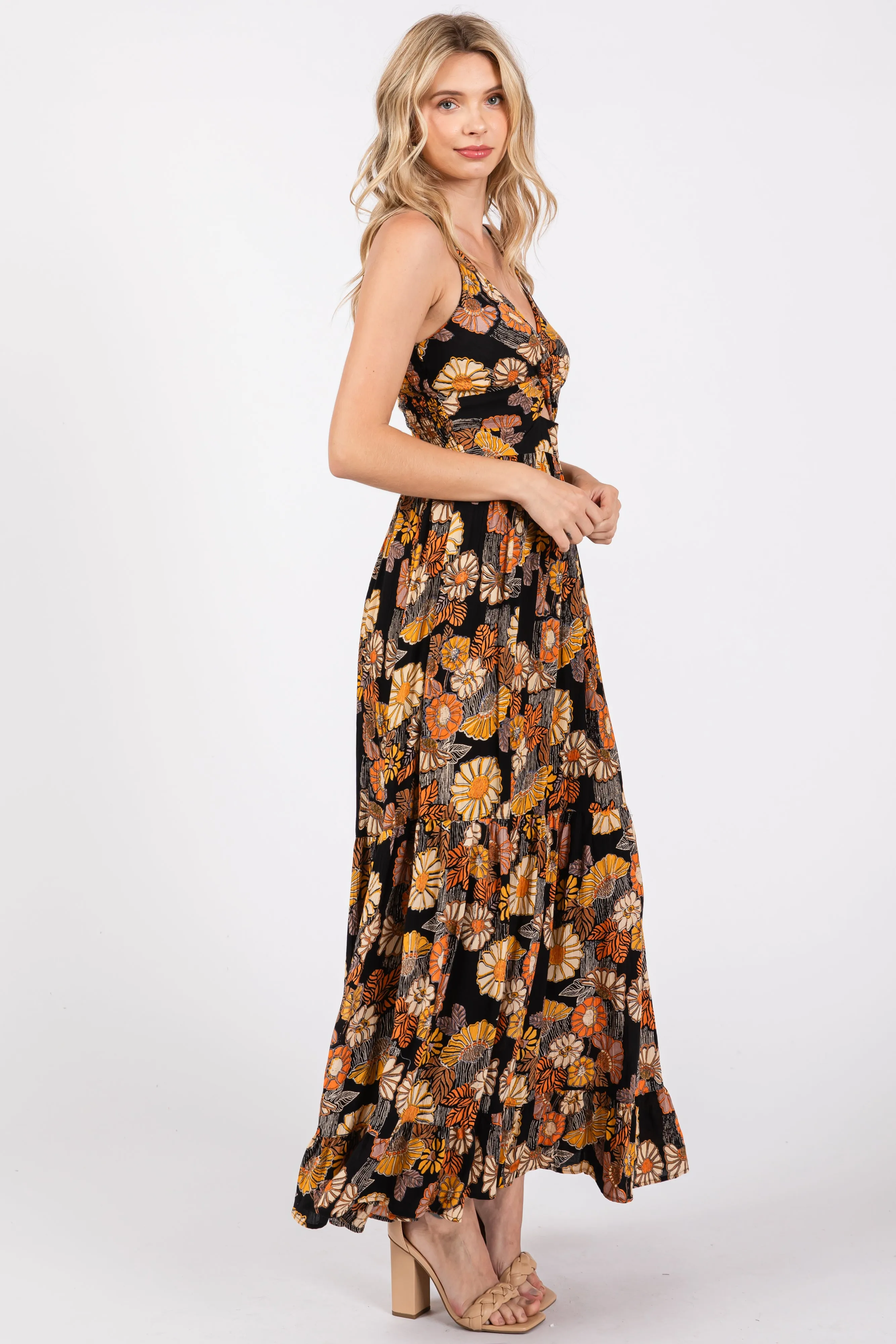 Black Floral Knot Front V-Neck Ruffle Hem Maxi Dress sold by Pinkblush product image thumbnail 2