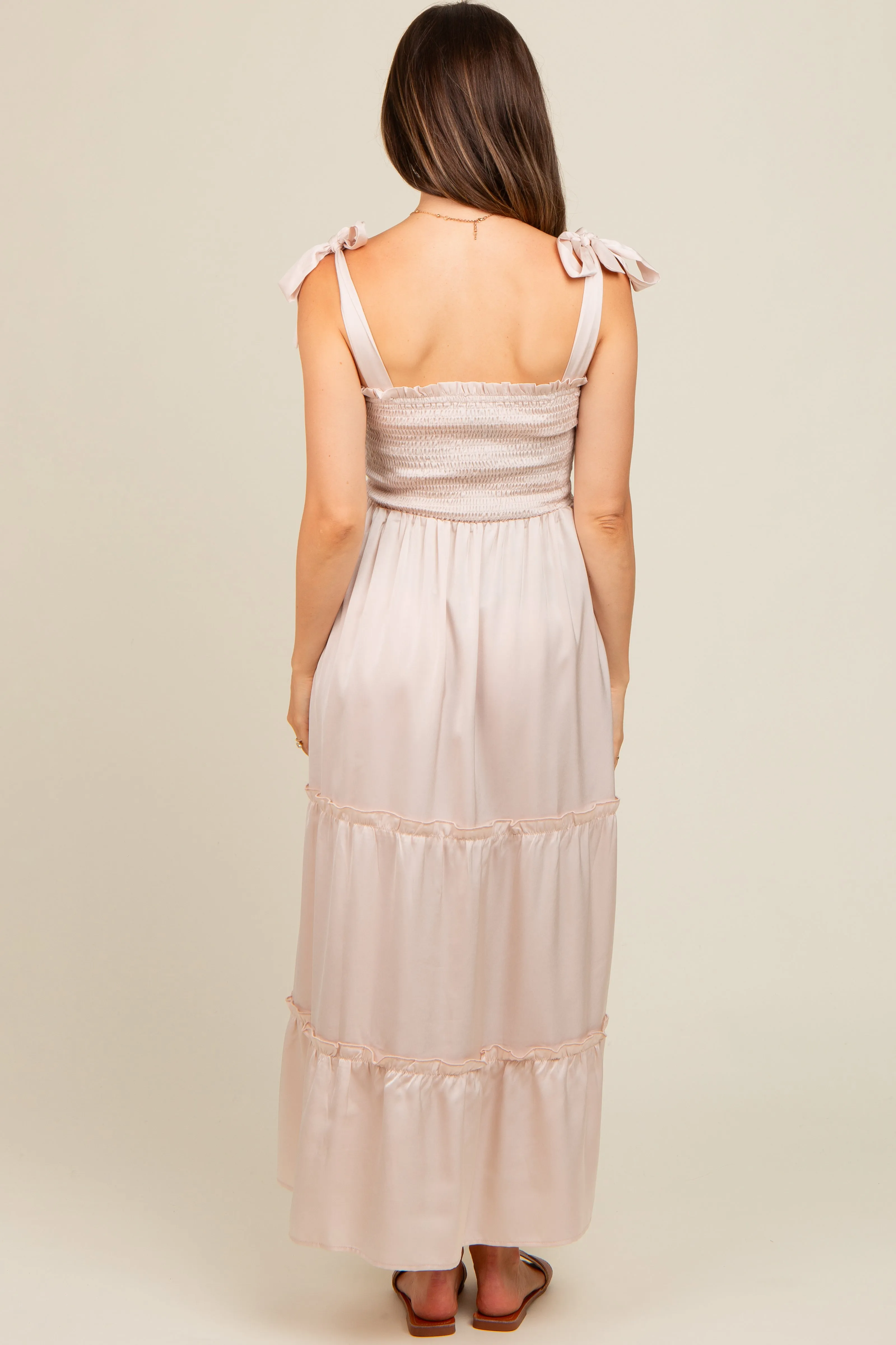 Beige Satin Smocked Maternity Maxi Dress sold by Pinkblush product image thumbnail 4