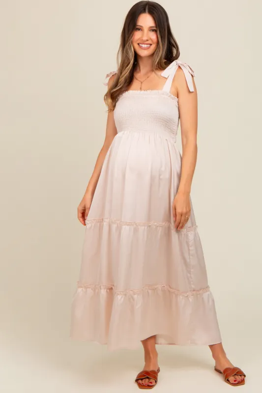 Beige Satin Smocked Maternity Maxi Dress sold by Pinkblush