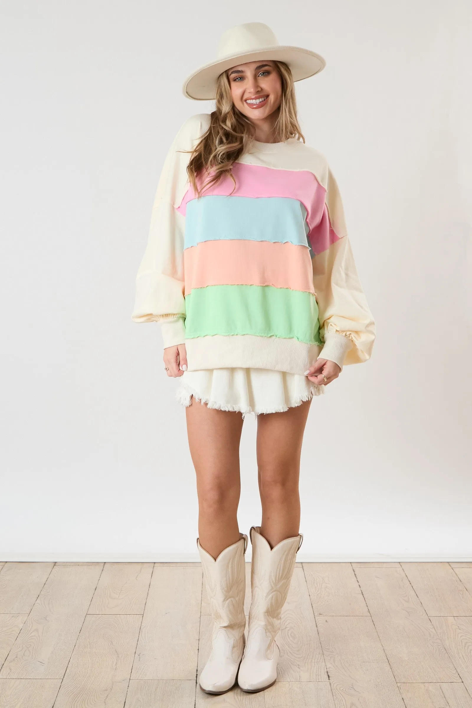 Ivory Colorblock Striped Cut Edge Sweatshirt sold by Pinkblush product image thumbnail 4