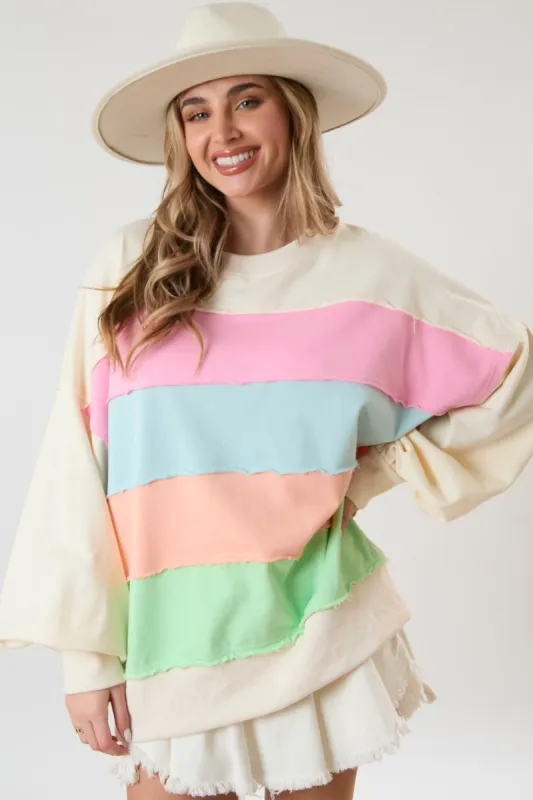 Ivory Colorblock Striped Cut Edge Sweatshirt sold by Pinkblush