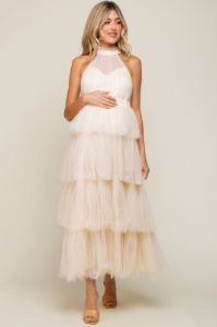 Cream Tulle Halter Ruffle Tiered Maternity Midi Dress sold by Pinkblush