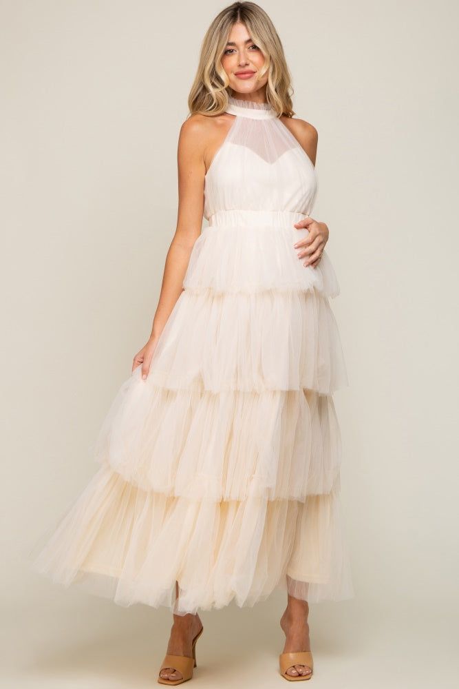 Cream Tulle Halter Ruffle Tiered Maternity Midi Dress sold by Pinkblush