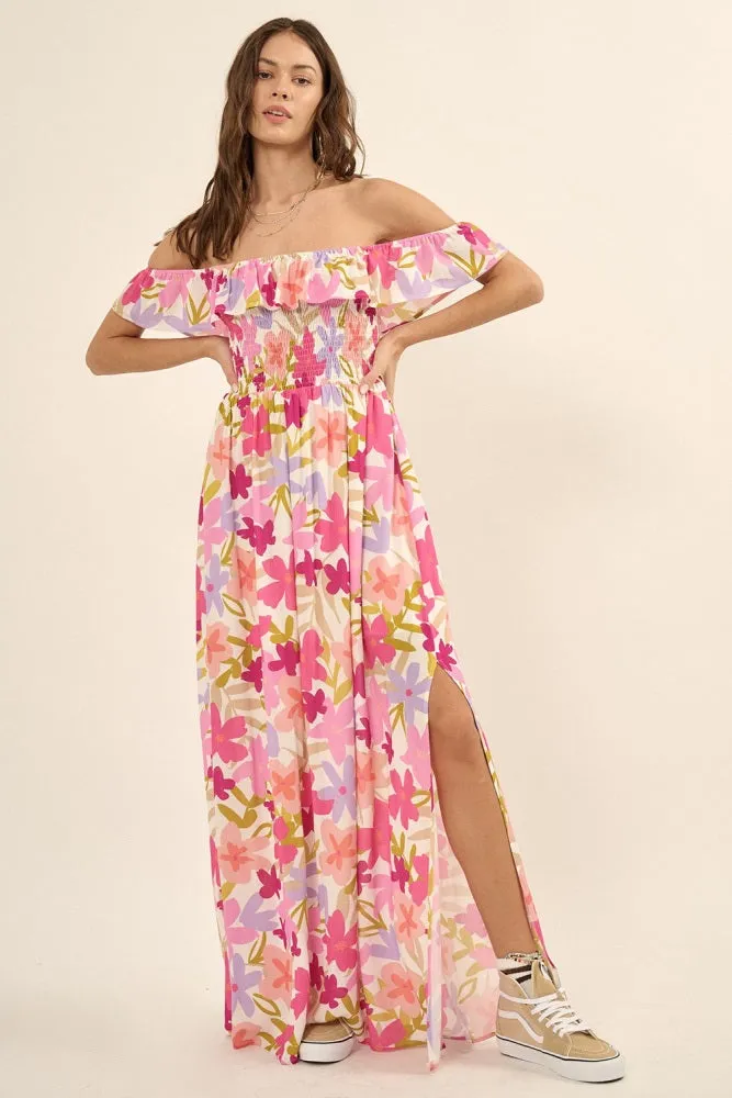 Fuchsia Floral Strapless Smocked Off-Shoulder Maxi Dress sold by Pinkblush