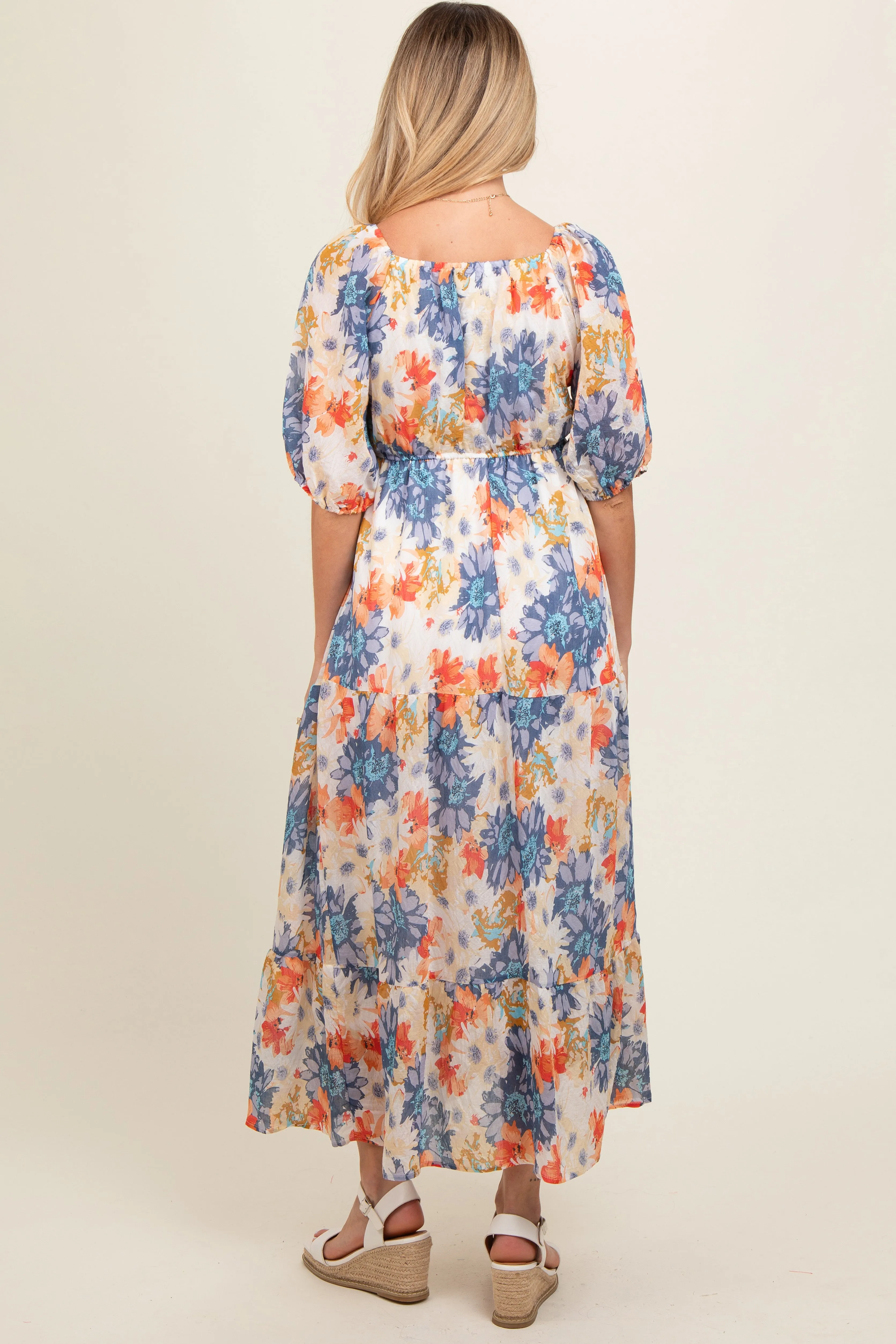 Navy Blue V-Neck Short Puff Sleeve Tiered Maternity Midi Dress sold by Pinkblush product image thumbnail 3