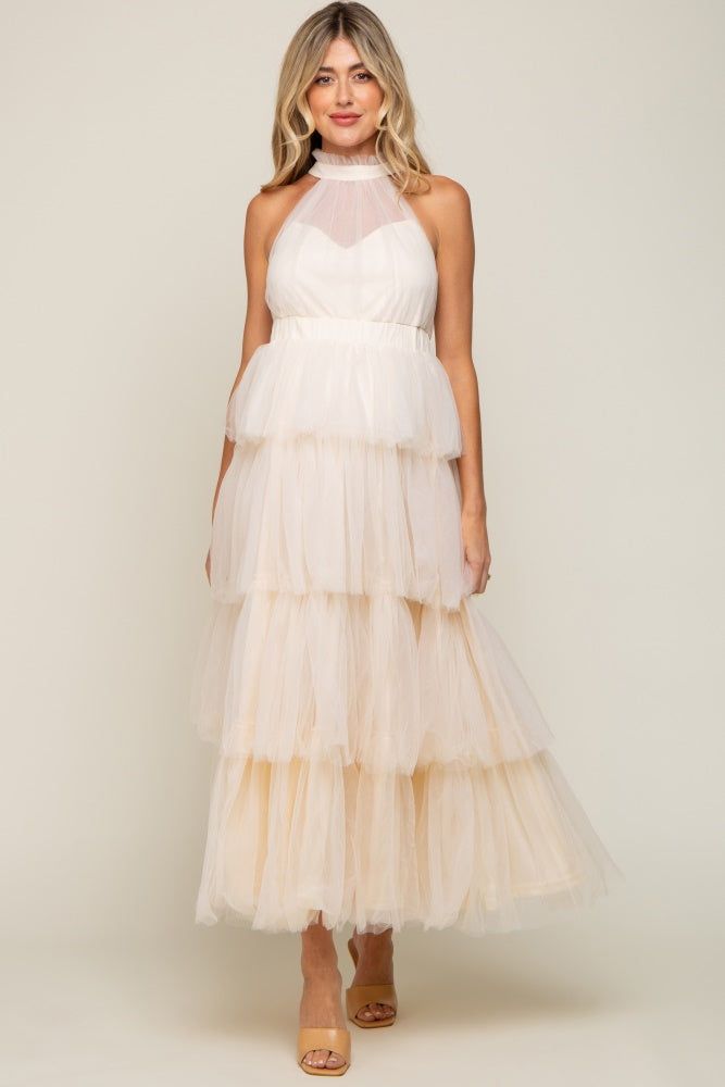 Cream Tulle Halter Ruffle Tiered Maternity Midi Dress sold by Pinkblush product image thumbnail 5