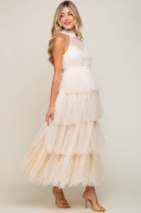 Cream Tulle Halter Ruffle Tiered Maternity Midi Dress sold by Pinkblush