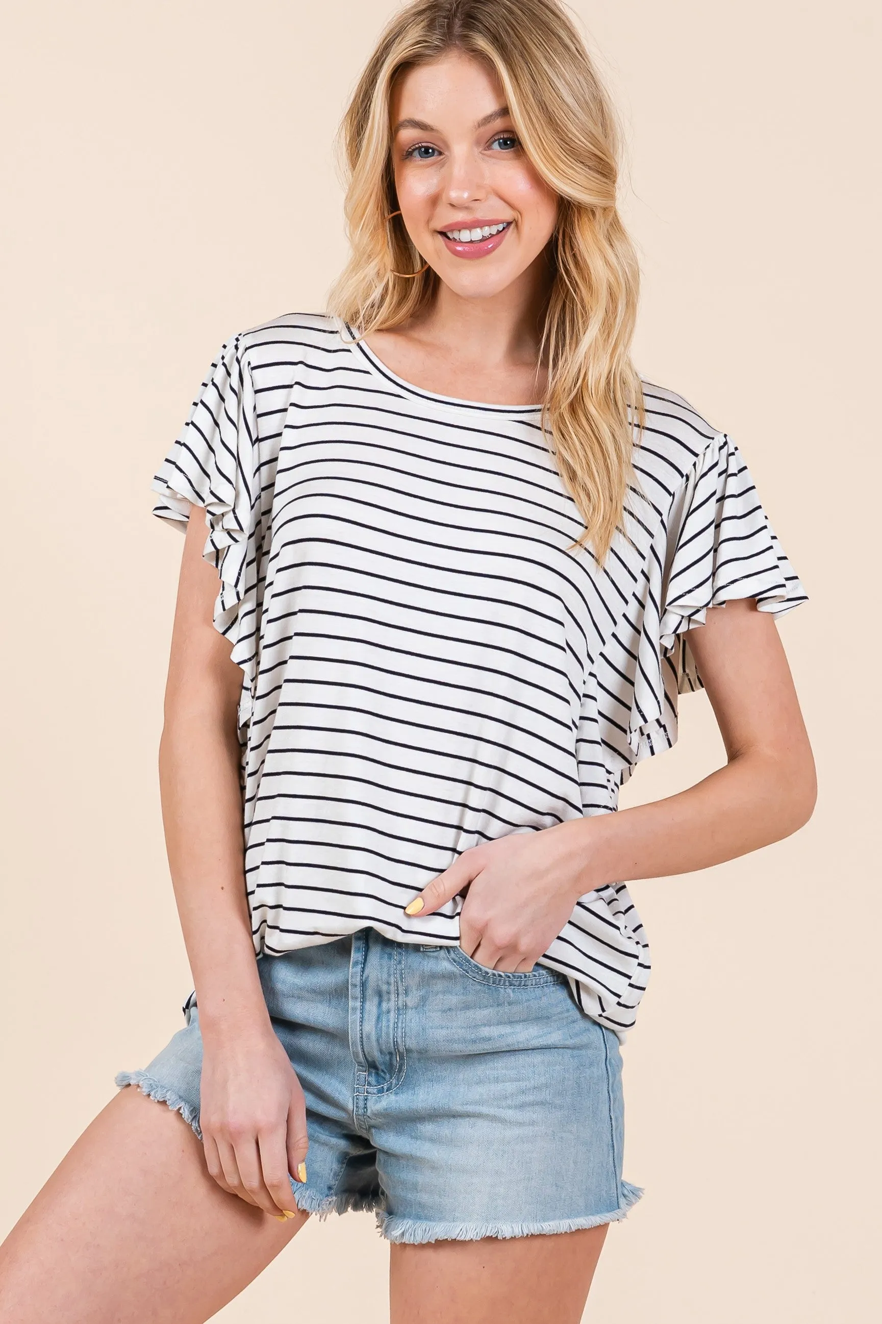 Ivory Striped Ruffle Sleeve Top sold by Pinkblush