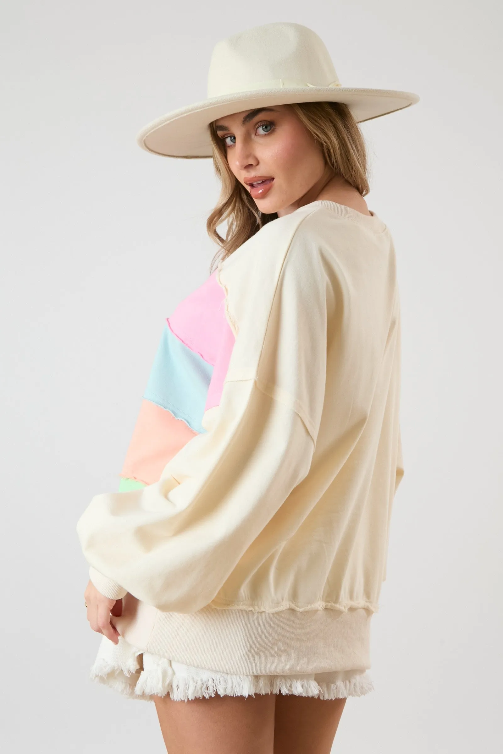 Ivory Colorblock Striped Cut Edge Sweatshirt sold by Pinkblush product image thumbnail 3