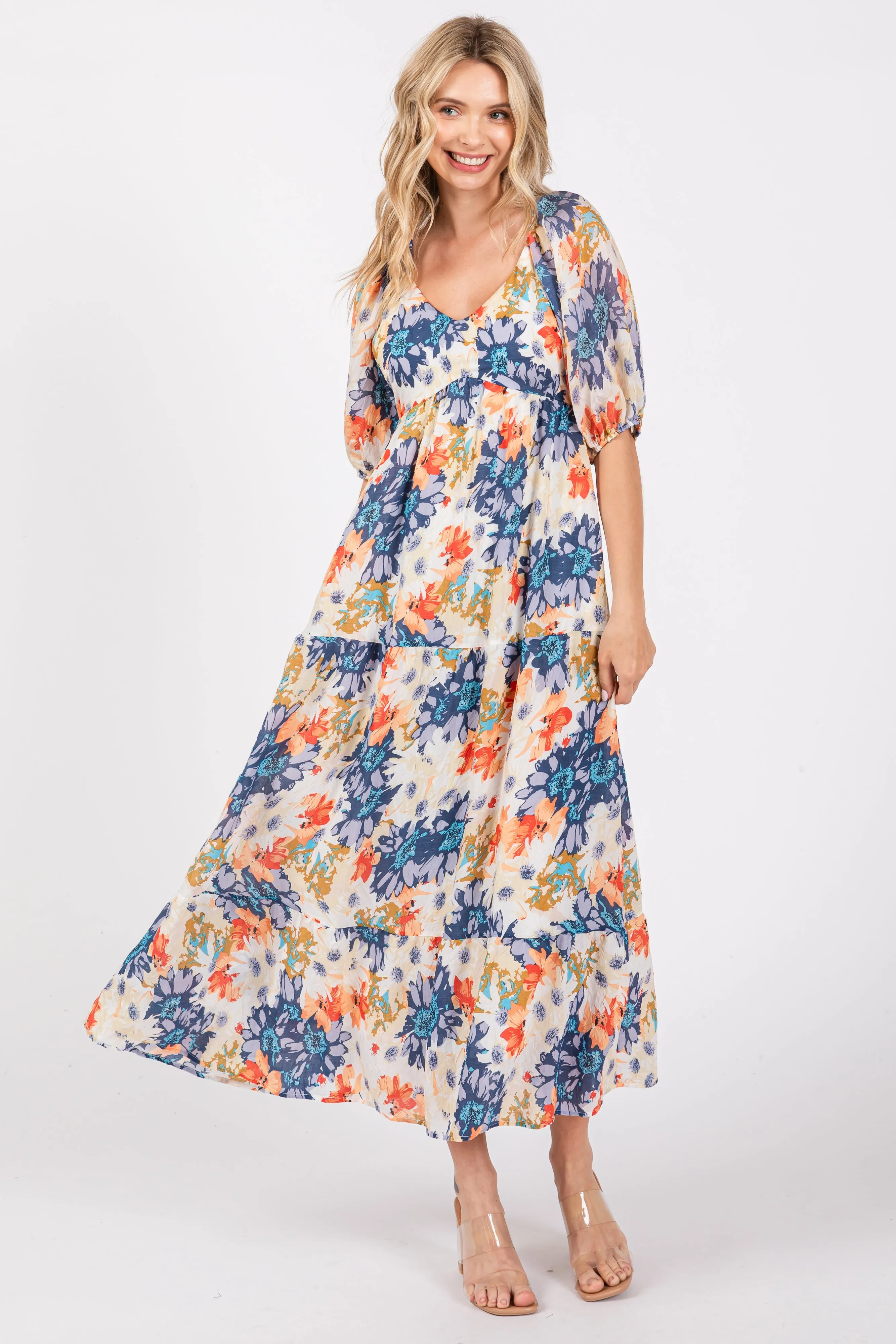 Navy Blue V-Neck Short Puff Sleeve Tiered Maternity Midi Dress sold by Pinkblush product image thumbnail 4