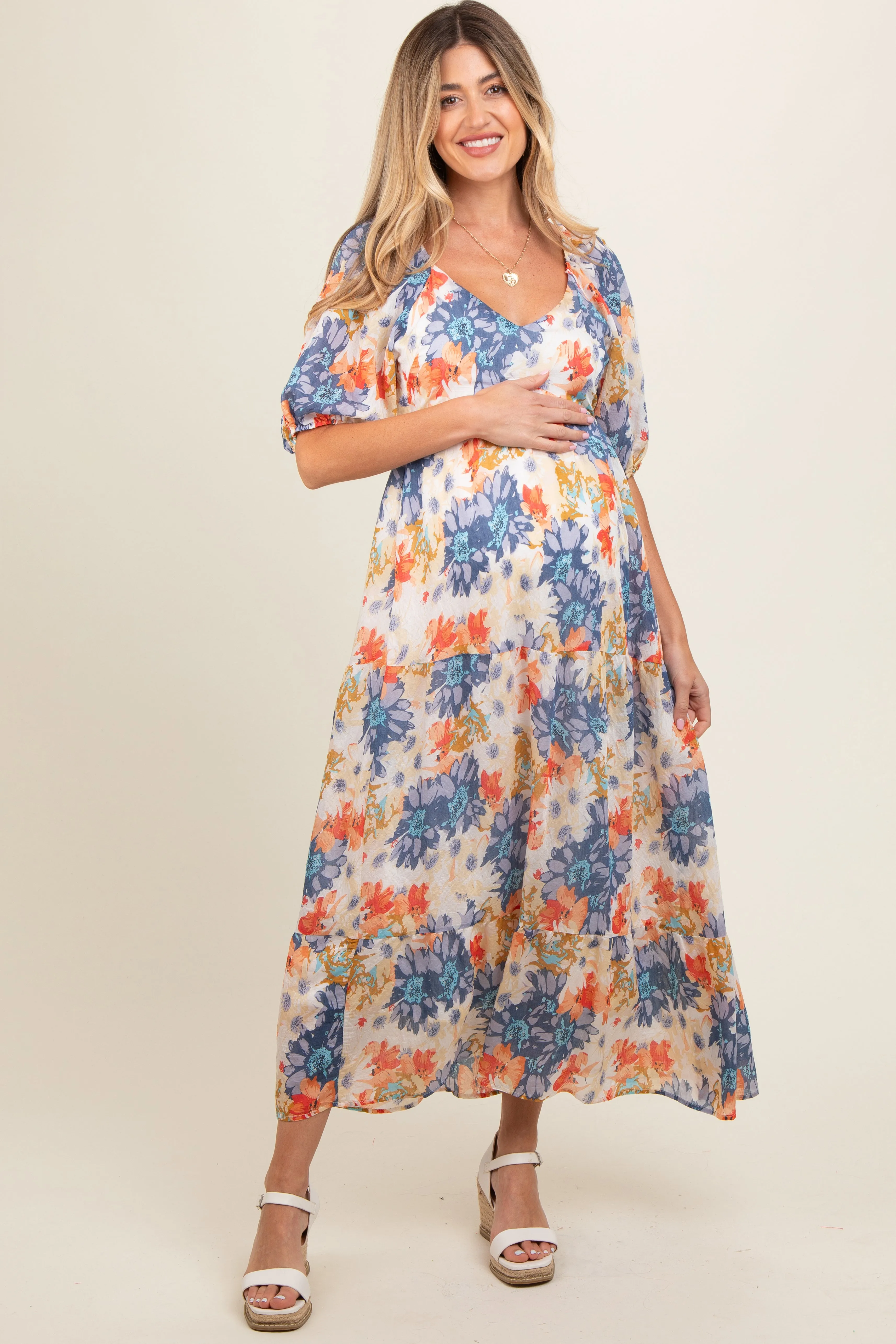 Navy Blue V-Neck Short Puff Sleeve Tiered Maternity Midi Dress sold by Pinkblush