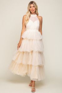 Cream Tulle Halter Ruffle Tiered Maternity Midi Dress sold by Pinkblush