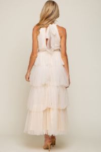 Cream Tulle Halter Ruffle Tiered Maternity Midi Dress sold by Pinkblush