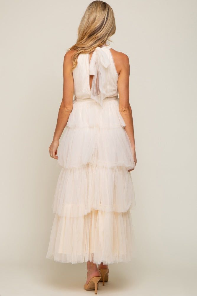 Cream Tulle Halter Ruffle Tiered Maternity Midi Dress sold by Pinkblush product image thumbnail 3