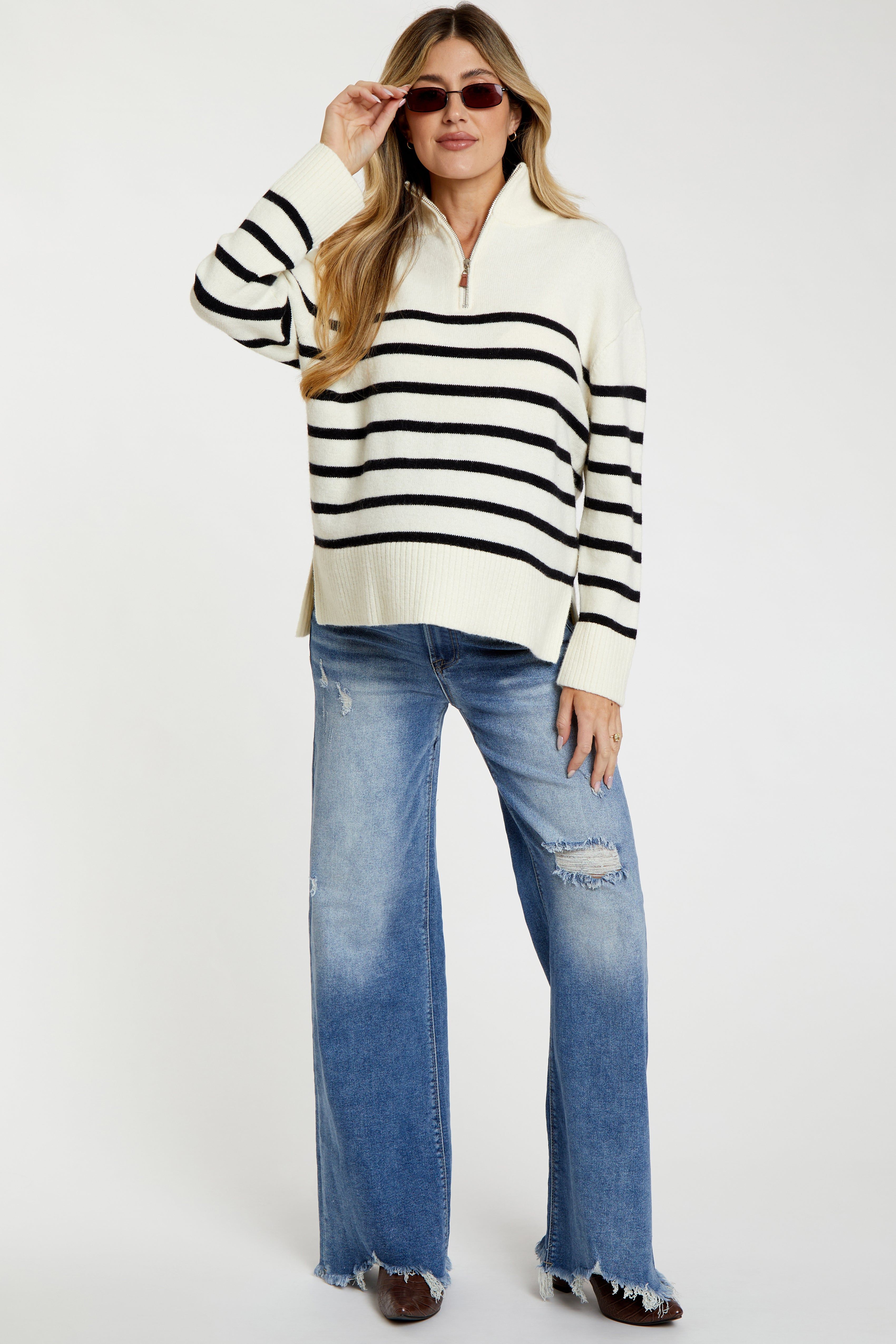 Blue Distressed Hem Relaxed Maternity Jeans sold by Pinkblush