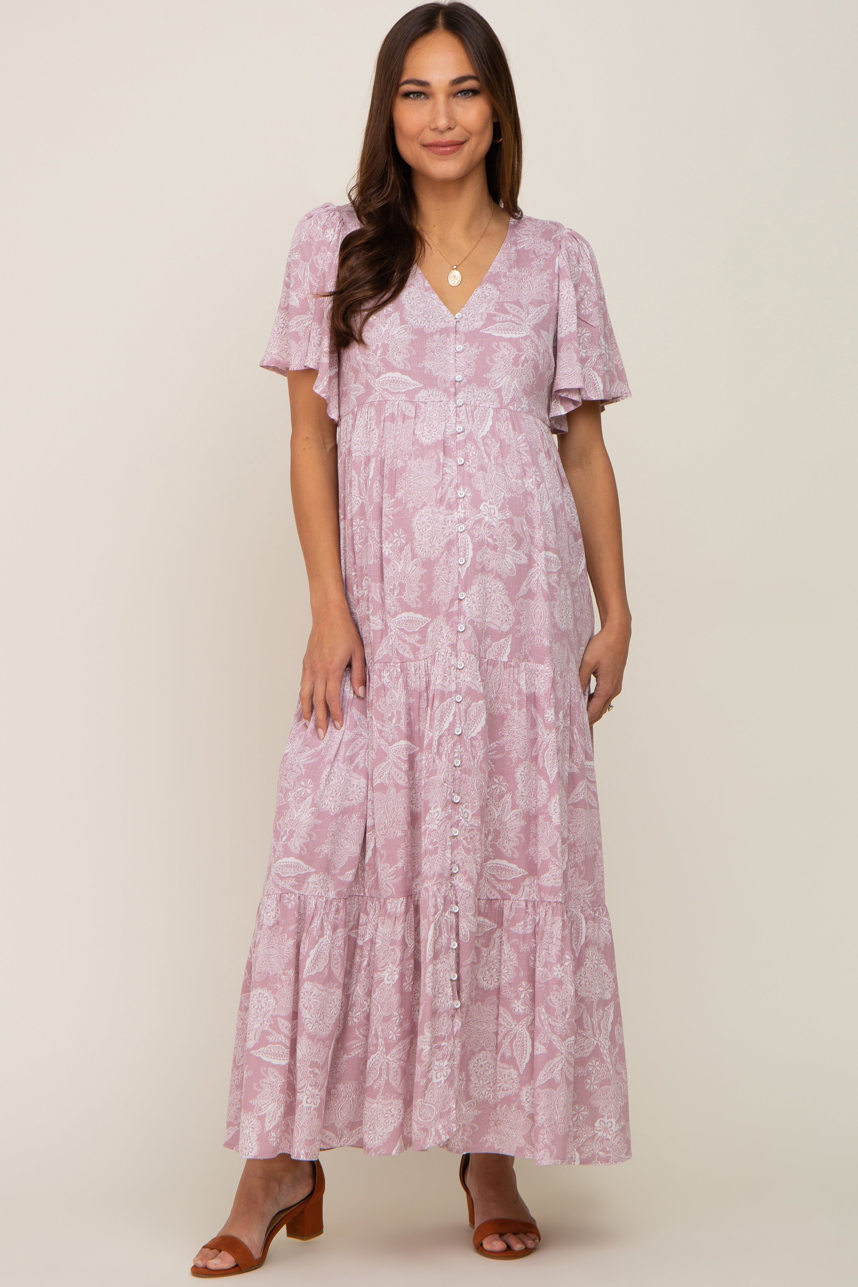 Lavender Paisley Button Down Tiered Maternity Maxi Dress sold by Pinkblush product image thumbnail 5