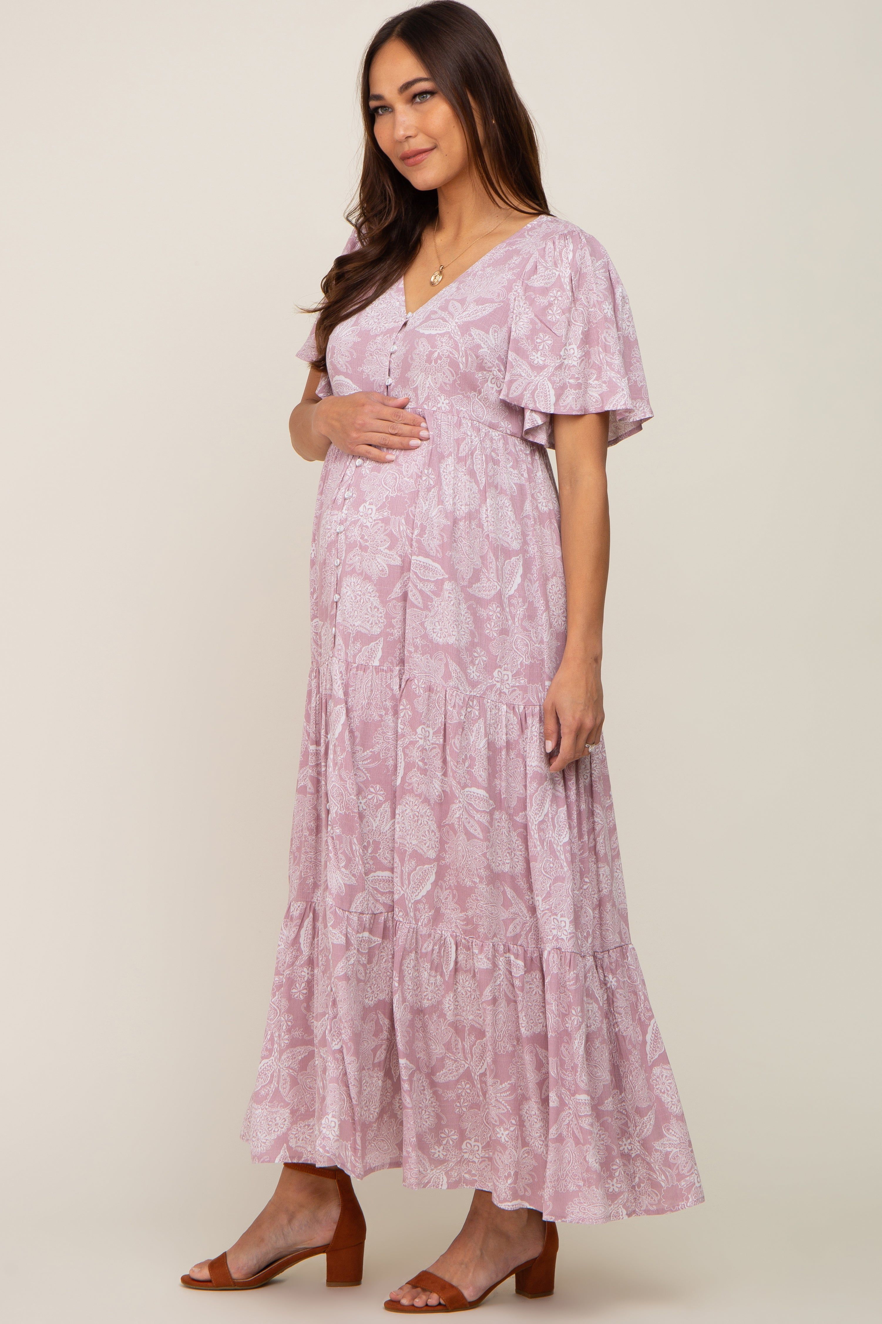 Lavender Paisley Button Down Tiered Maternity Maxi Dress sold by Pinkblush product image thumbnail 2