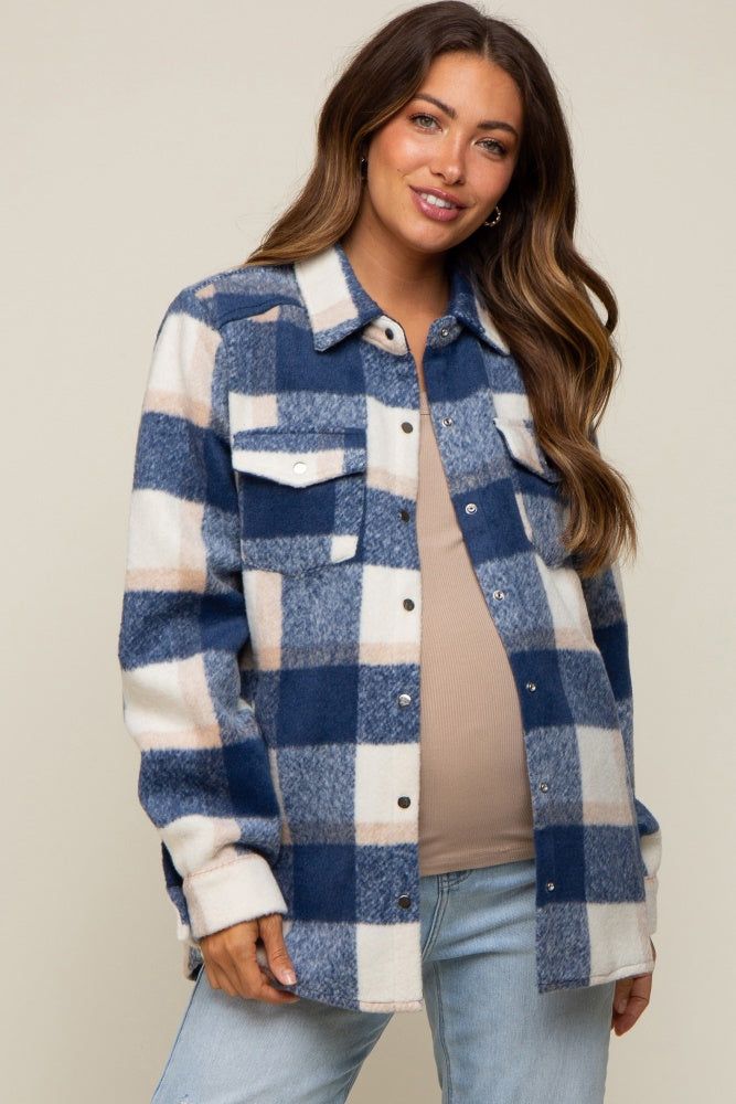 Navy Plaid Fleece Maternity Shirt Jacket sold by Pinkblush