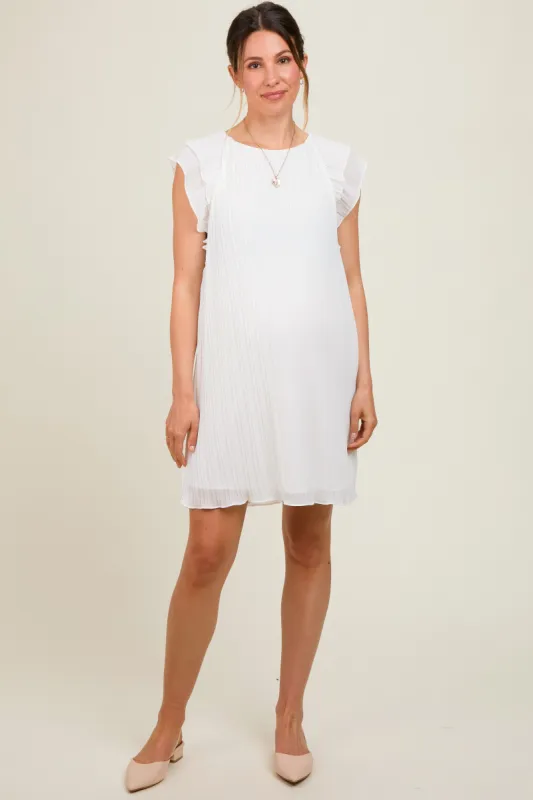 Ivory Flutter Sleeve Pleated Chiffon Mini Maternity Dress sold by Pinkblush