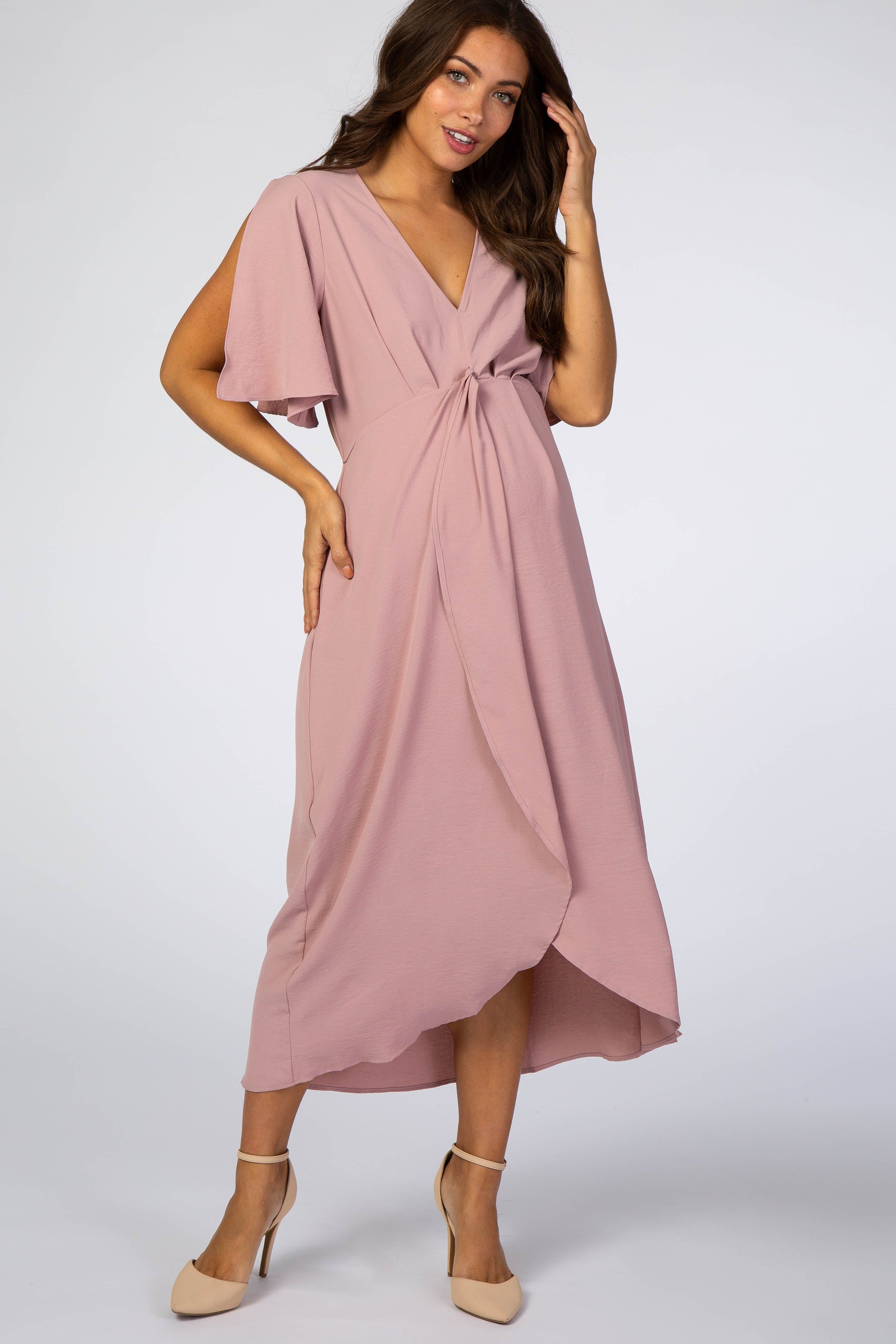Mauve Open Sleeve Maternity Wrap Midi Dress sold by Pinkblush