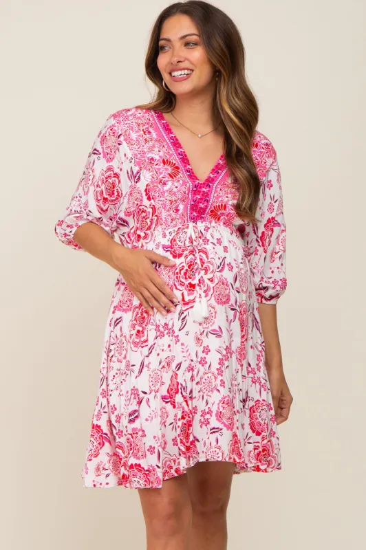 Magenta Floral Border Print Maternity Dress sold by Pinkblush