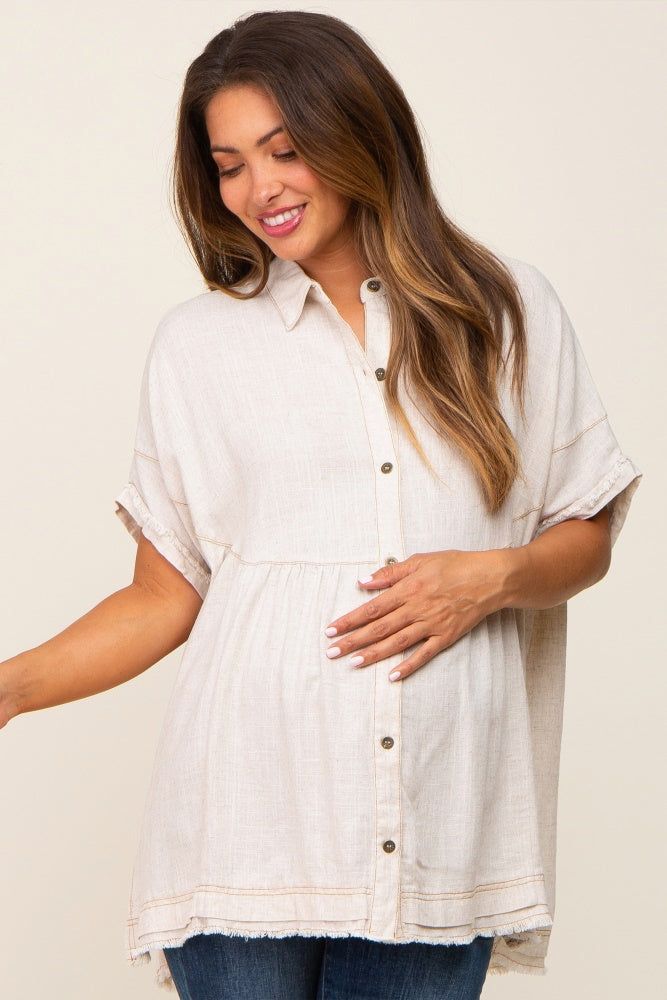 Cream Button Up Contrast Stitch Short Sleeve Maternity Top sold by Pinkblush