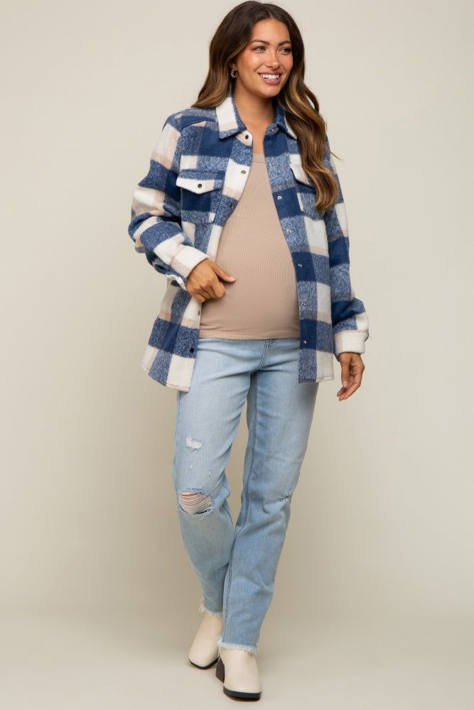 Navy Plaid Fleece Maternity Shirt Jacket sold by Pinkblush product image thumbnail 5