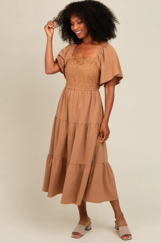 Camel Crochet Tiered Lace Midi Dress sold by Pinkblush