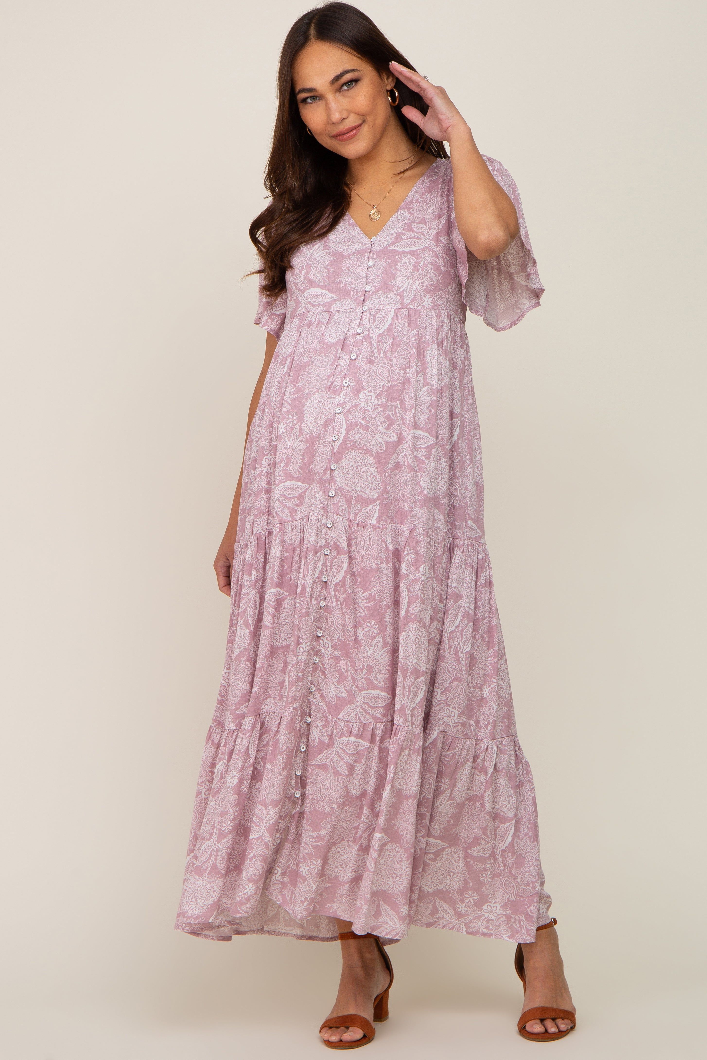 Lavender Paisley Button Down Tiered Maternity Maxi Dress sold by Pinkblush product image thumbnail 4