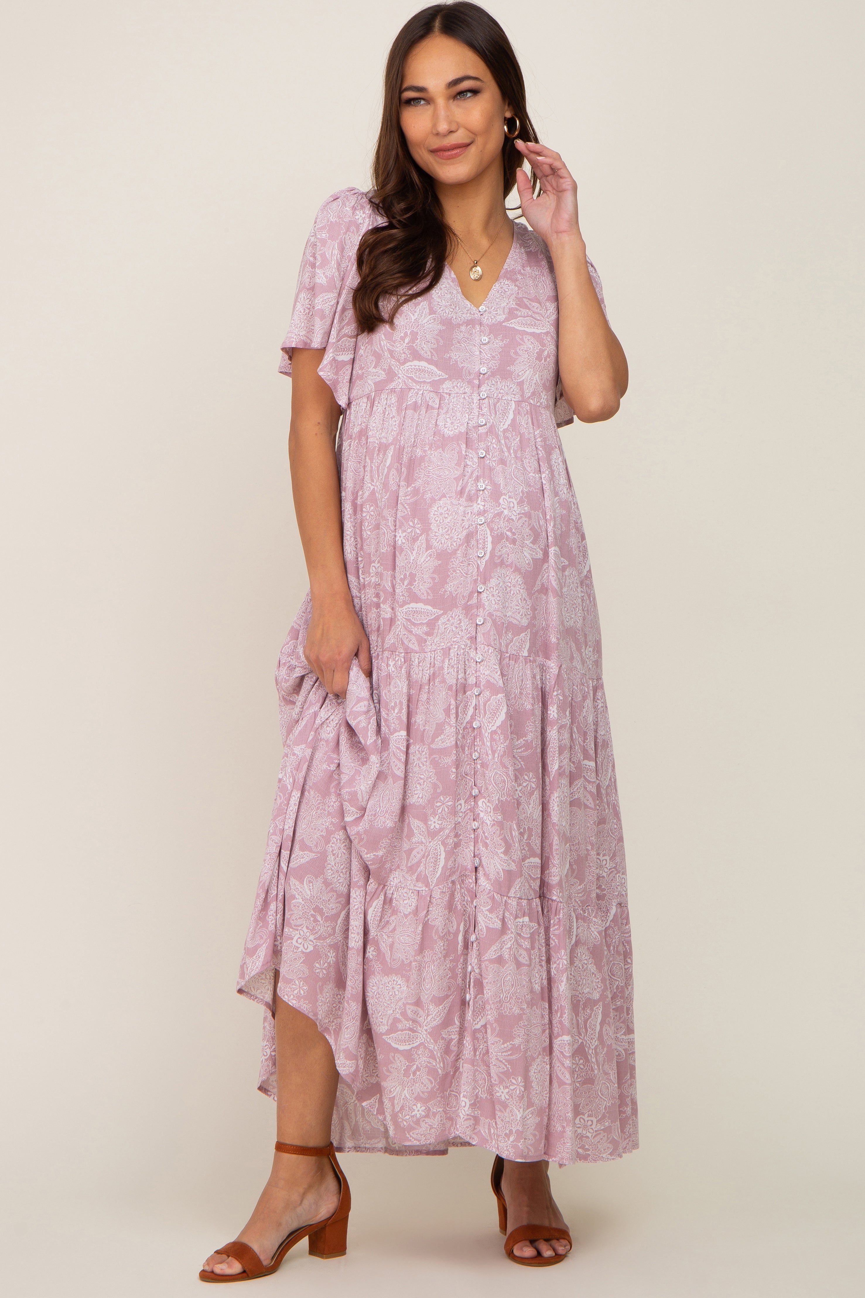 Lavender Paisley Button Down Tiered Maternity Maxi Dress sold by Pinkblush