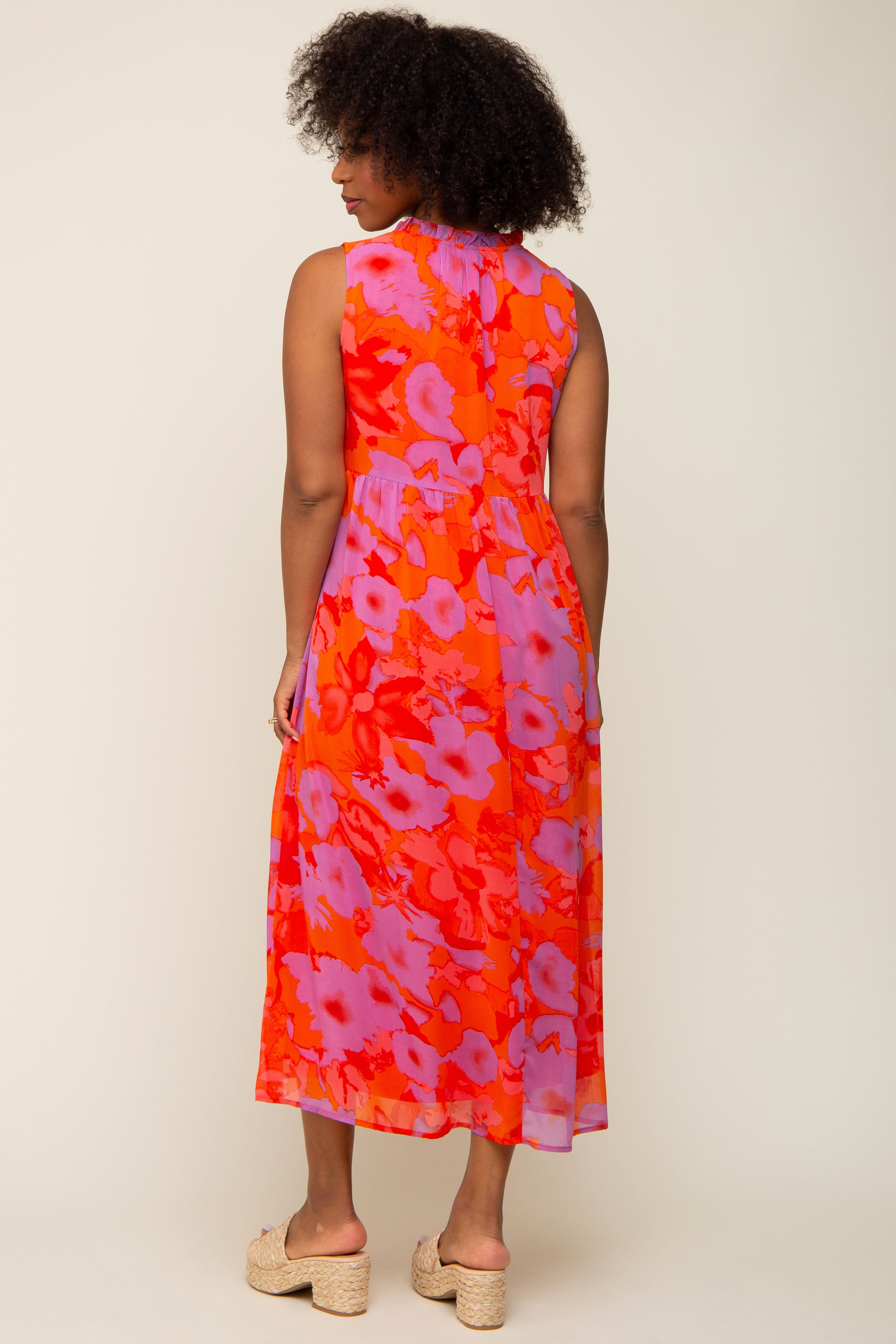Orange Floral Split Ruffle Neck Tiered Midi Dress sold by Pinkblush product image thumbnail 3