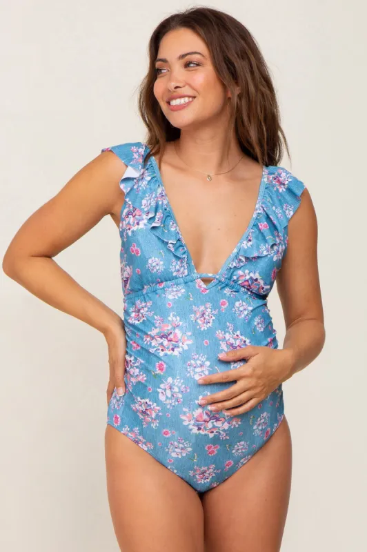 Teal Floral Ruffle Maternity One-Piece Swimsuit sold by Pinkblush