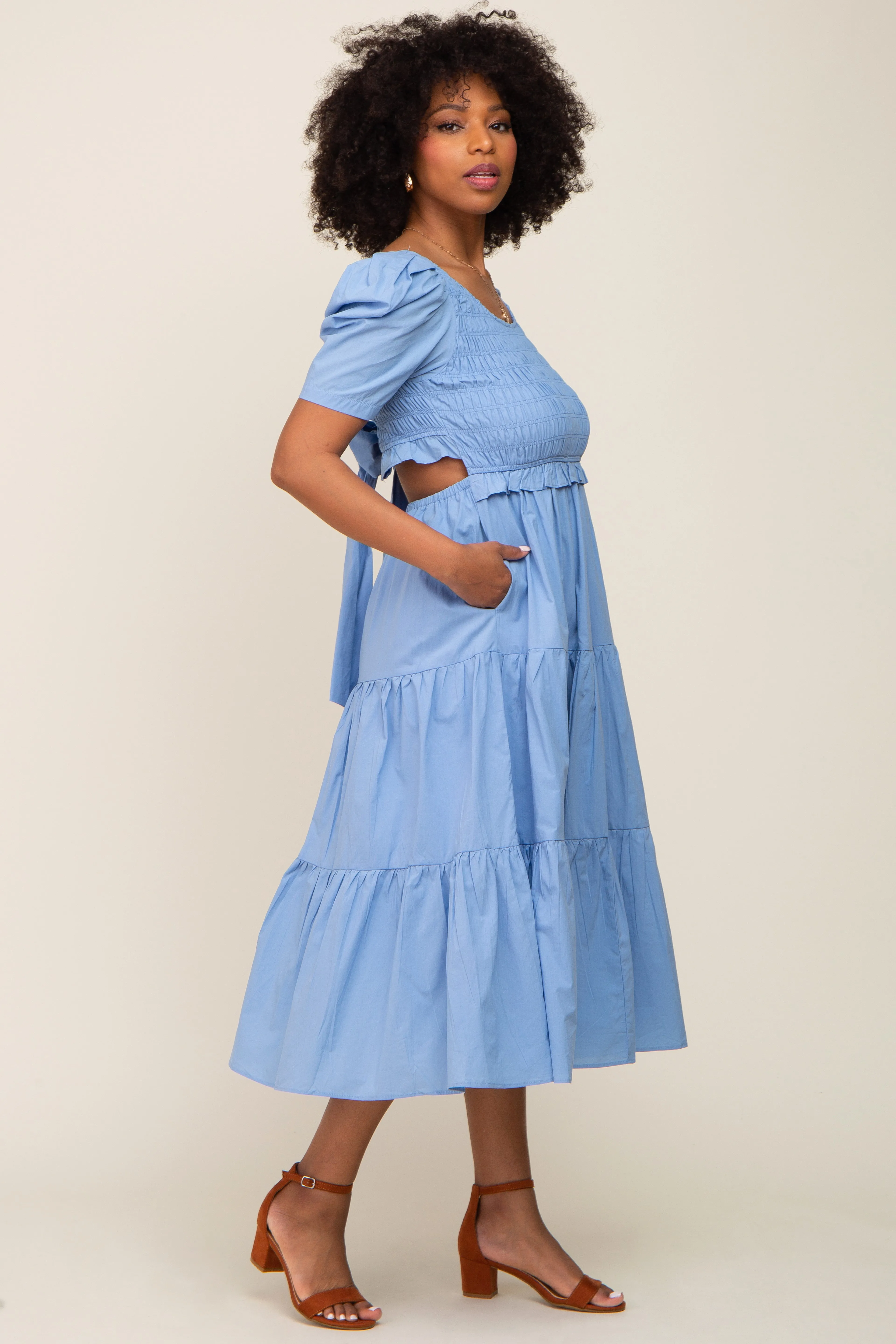 Blue Smocked Tiered Ruffle Midi Dress sold by Pinkblush product image thumbnail 2