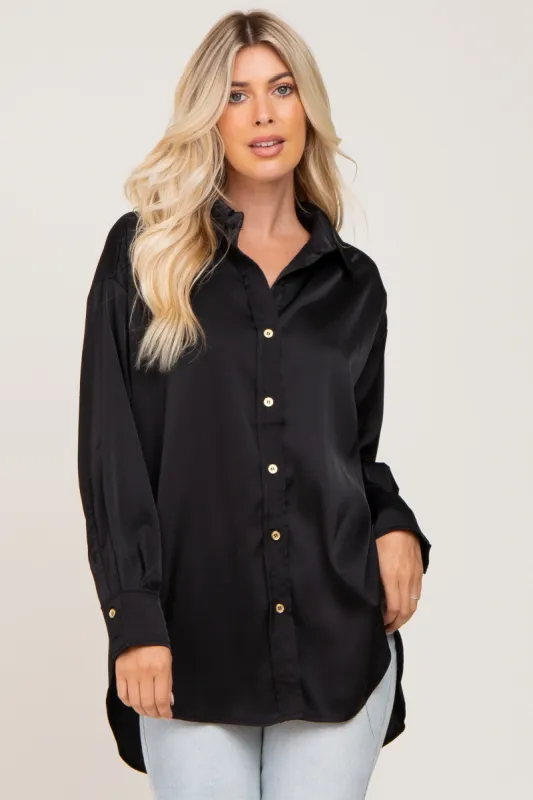 Black Satin Button Up Blouse sold by Pinkblush