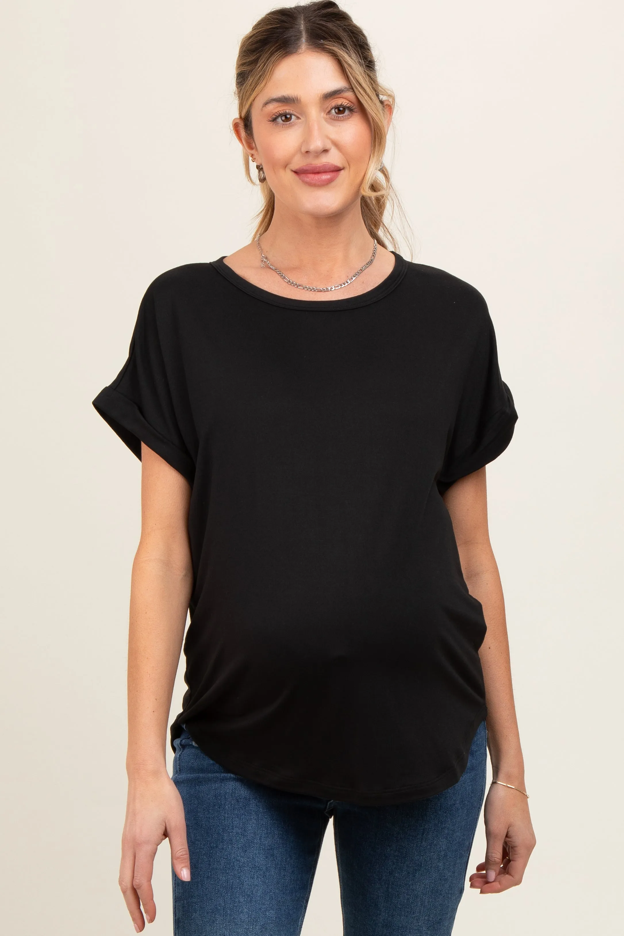 Black Rolled Cuff Maternity Short Sleeve Top sold by Pinkblush