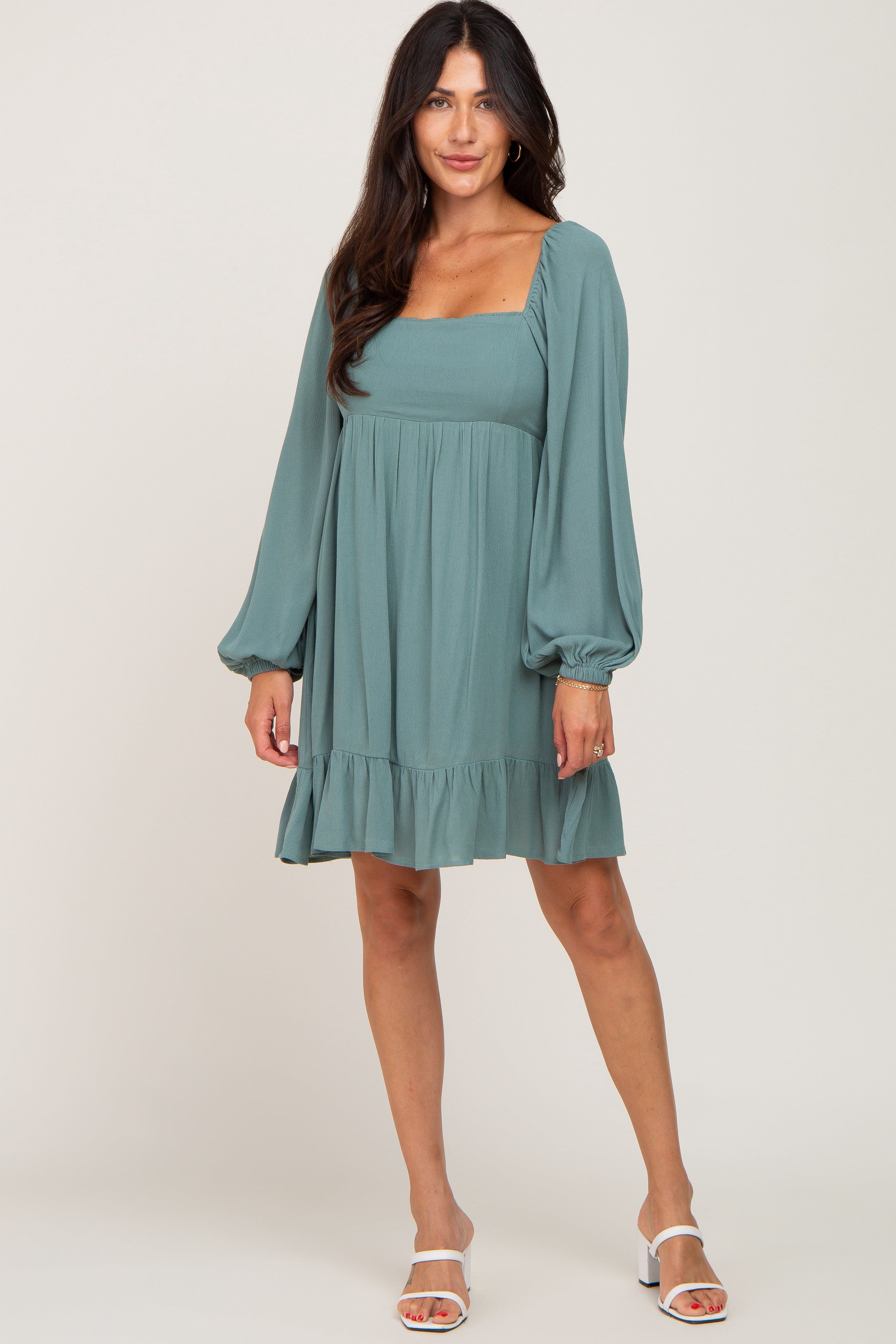Olive Square Neck Puff Long Sleeve Dress sold by Pinkblush product image thumbnail 4