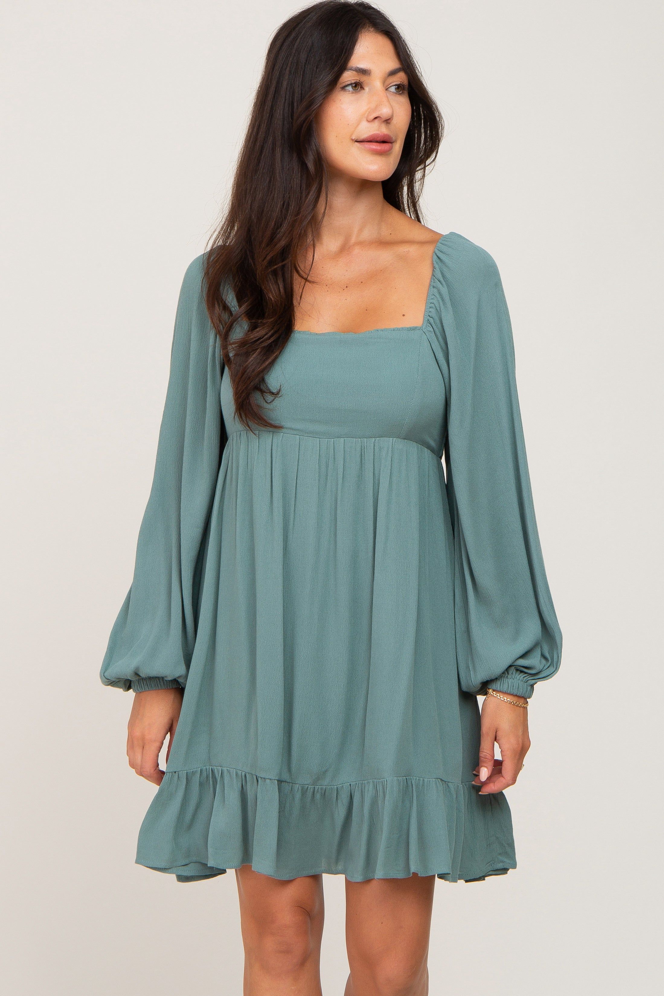 Olive Square Neck Puff Long Sleeve Dress sold by Pinkblush