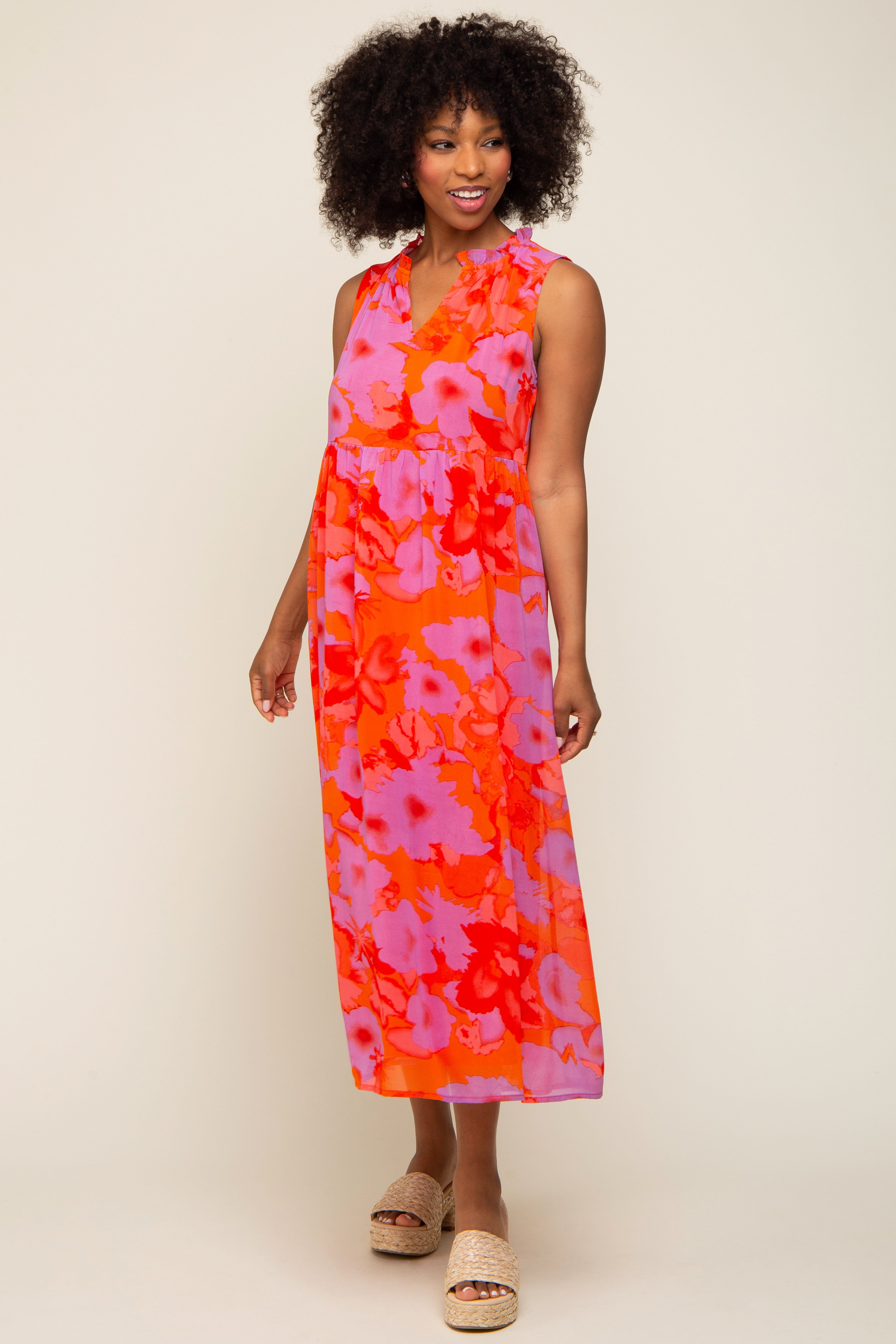 Orange Floral Split Ruffle Neck Tiered Midi Dress sold by Pinkblush product image thumbnail 4
