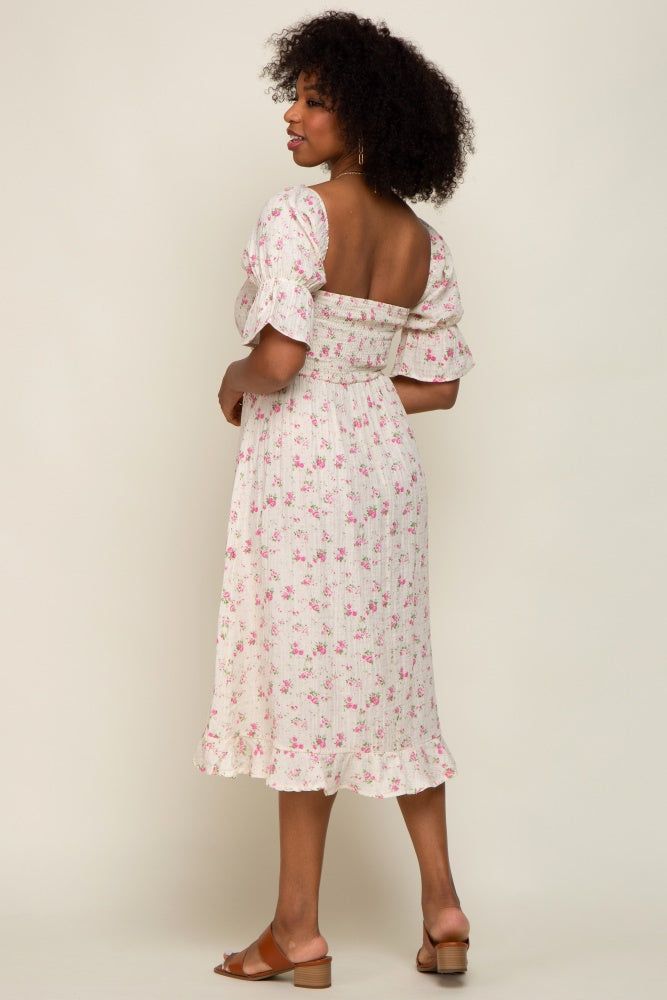 Orange Floral Split Ruffle Neck Tiered Midi Dress sold by Pinkblush