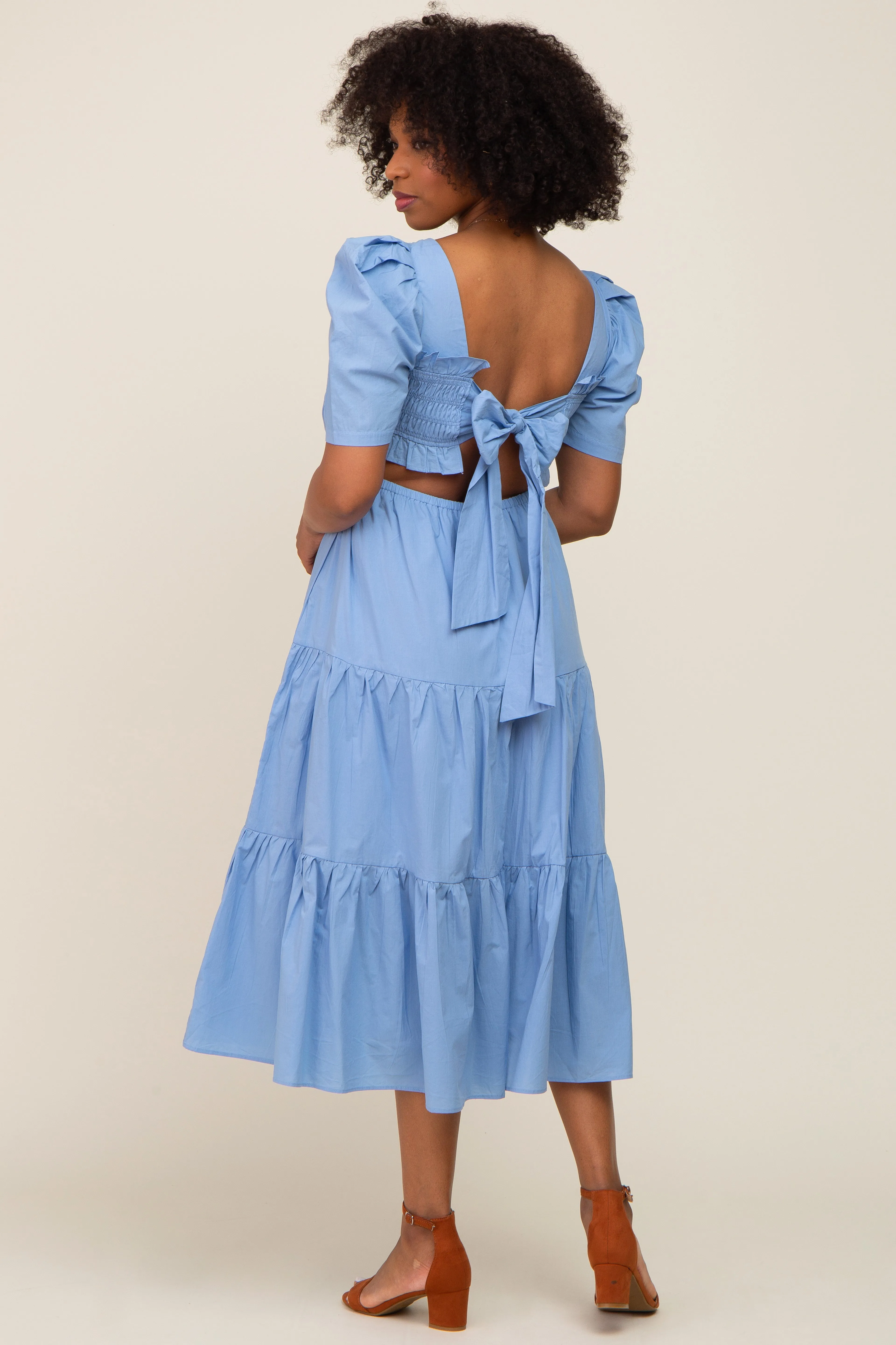 Blue Smocked Tiered Ruffle Midi Dress sold by Pinkblush product image thumbnail 3