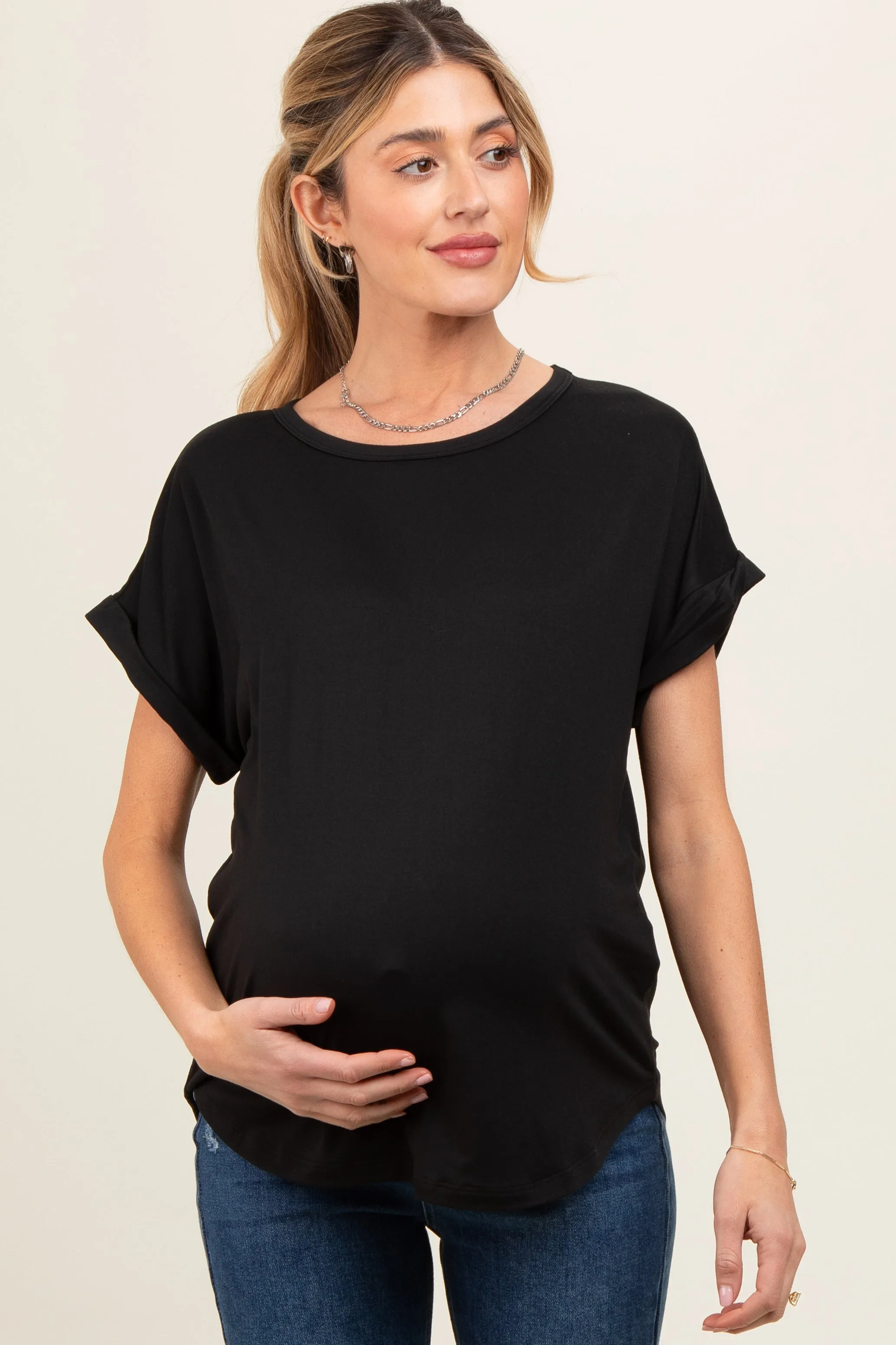 Black Rolled Cuff Maternity Short Sleeve Top sold by Pinkblush product image thumbnail 2