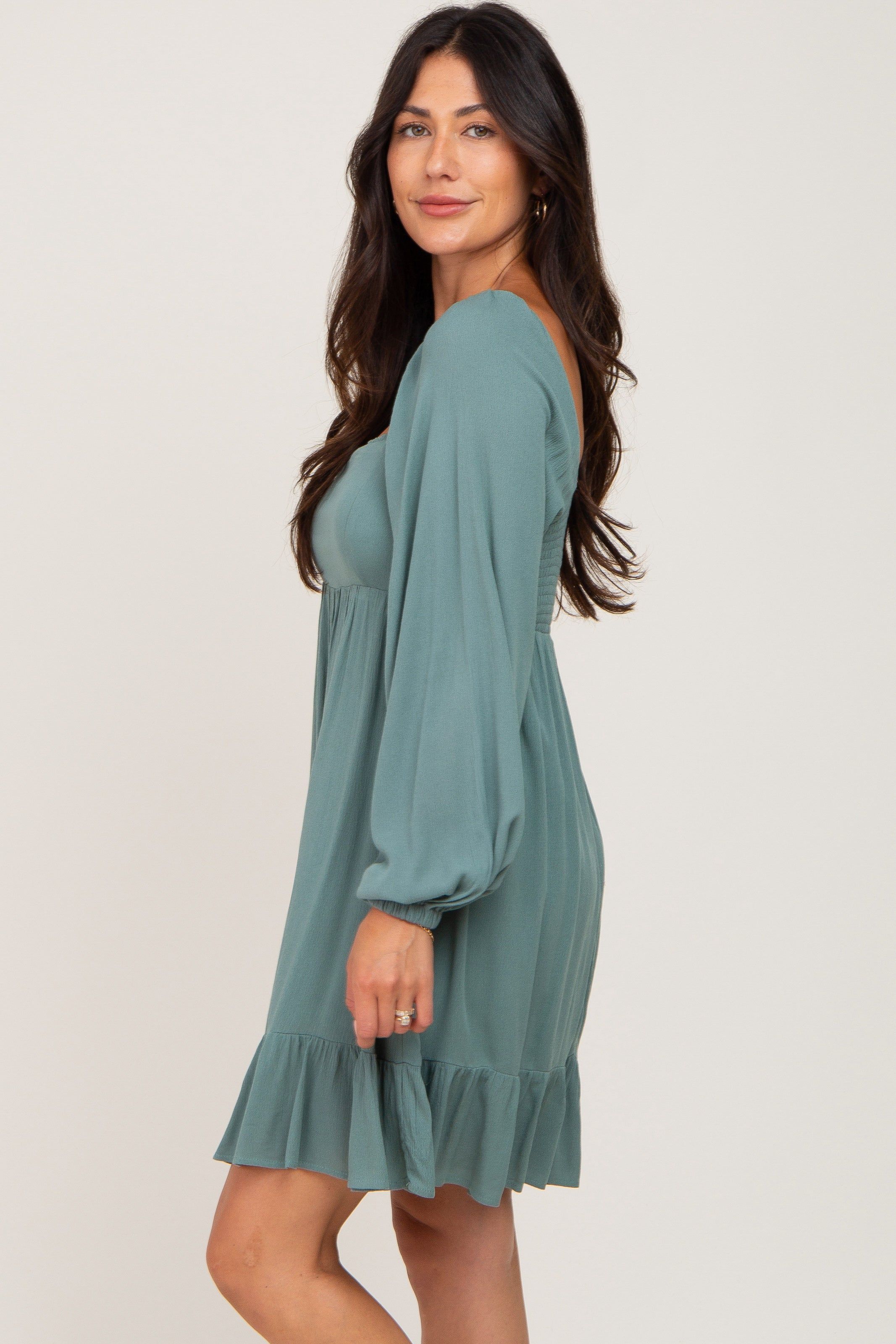 Olive Square Neck Puff Long Sleeve Dress sold by Pinkblush product image thumbnail 2