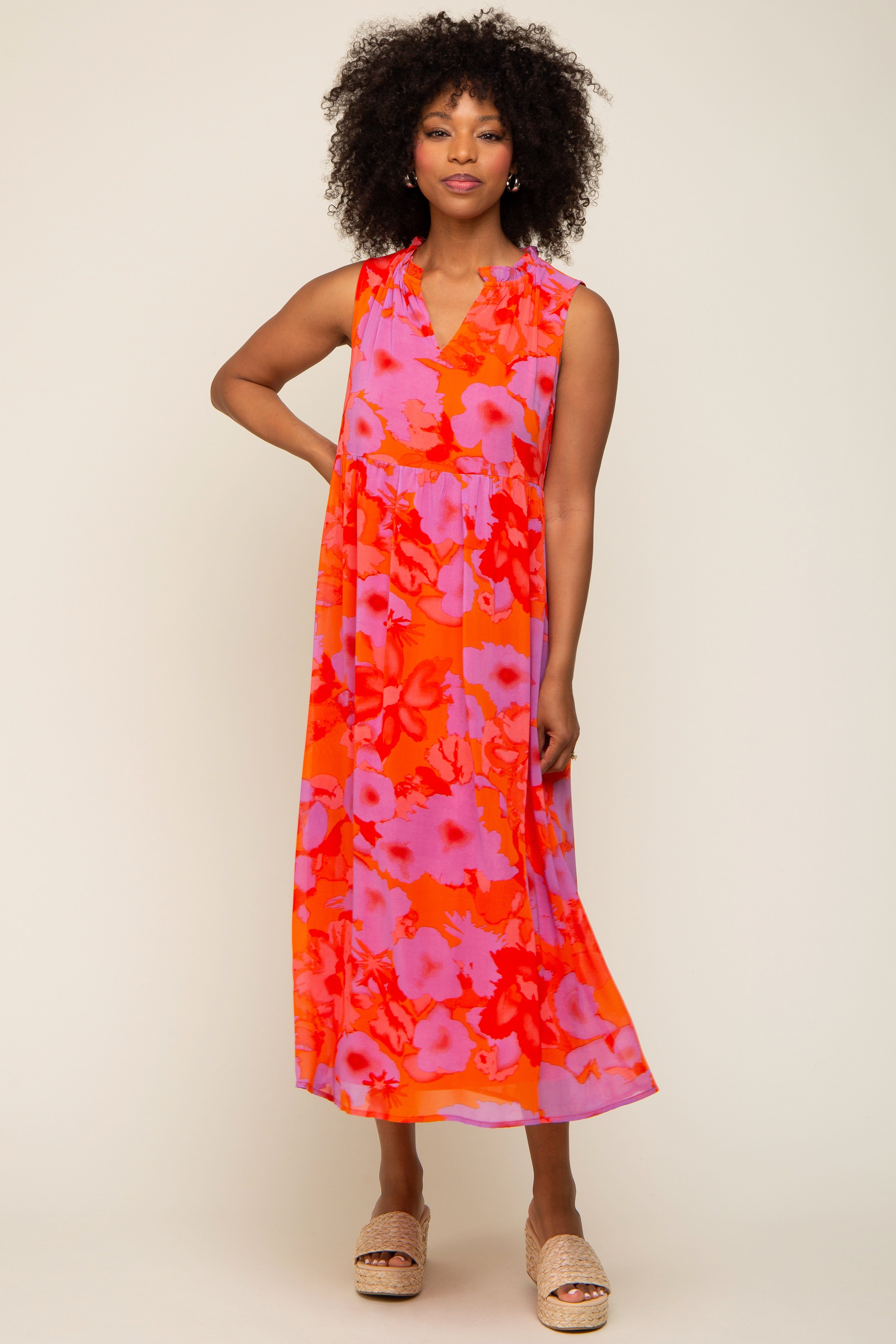Orange Floral Split Ruffle Neck Tiered Midi Dress sold by Pinkblush product image thumbnail 5