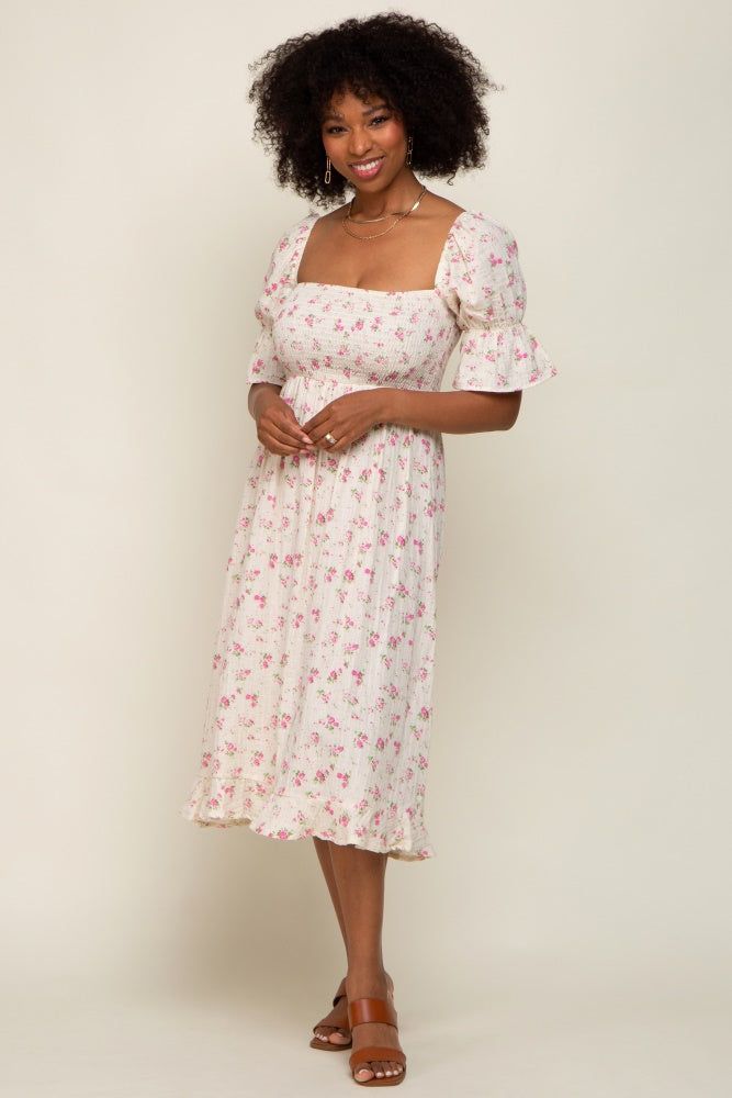 Orange Floral Split Ruffle Neck Tiered Midi Dress sold by Pinkblush product image thumbnail 2