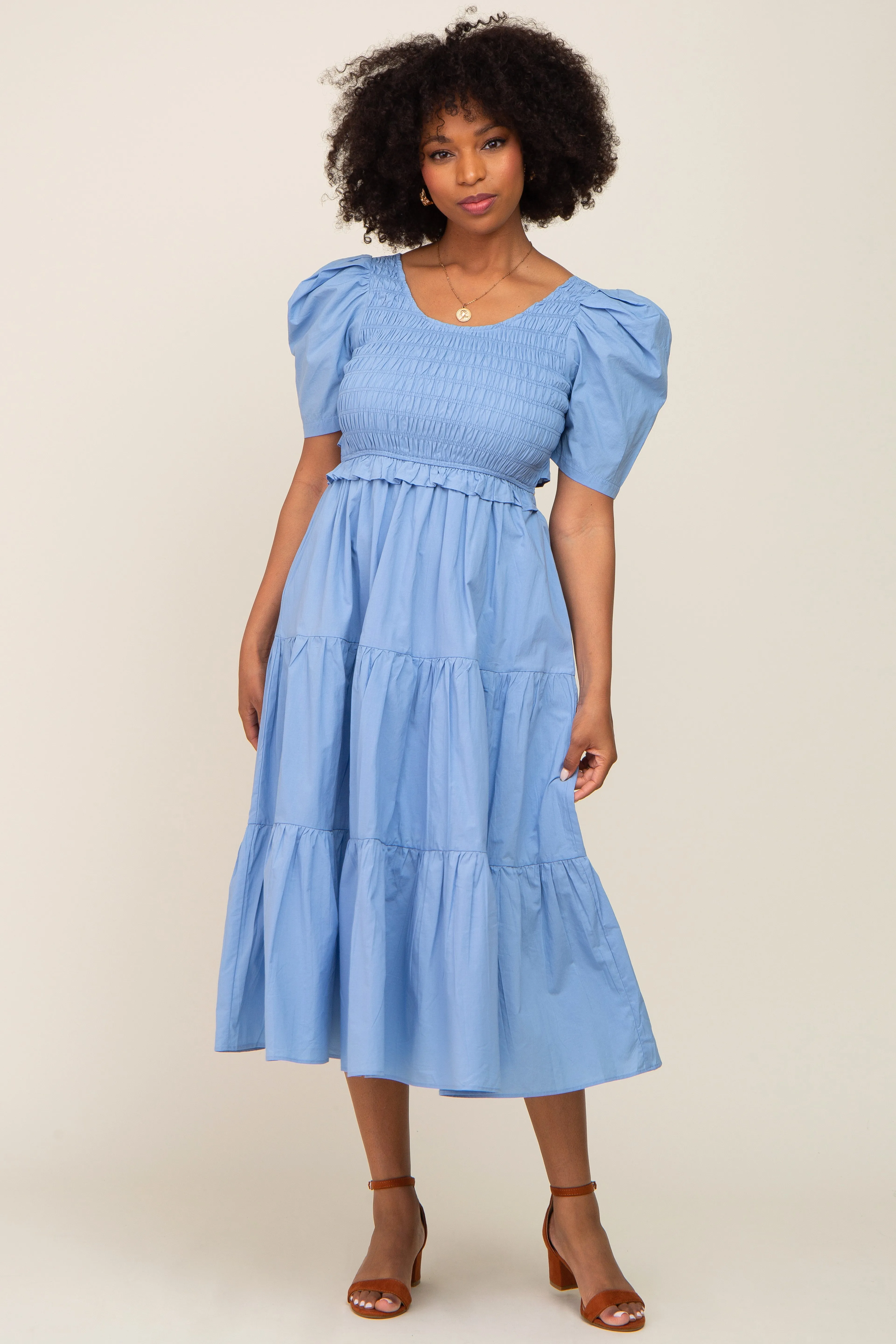 Blue Smocked Tiered Ruffle Midi Dress sold by Pinkblush product image thumbnail 4