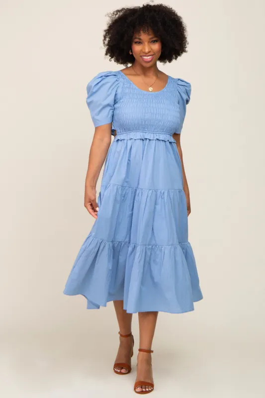 Blue Smocked Tiered Ruffle Midi Dress sold by Pinkblush
