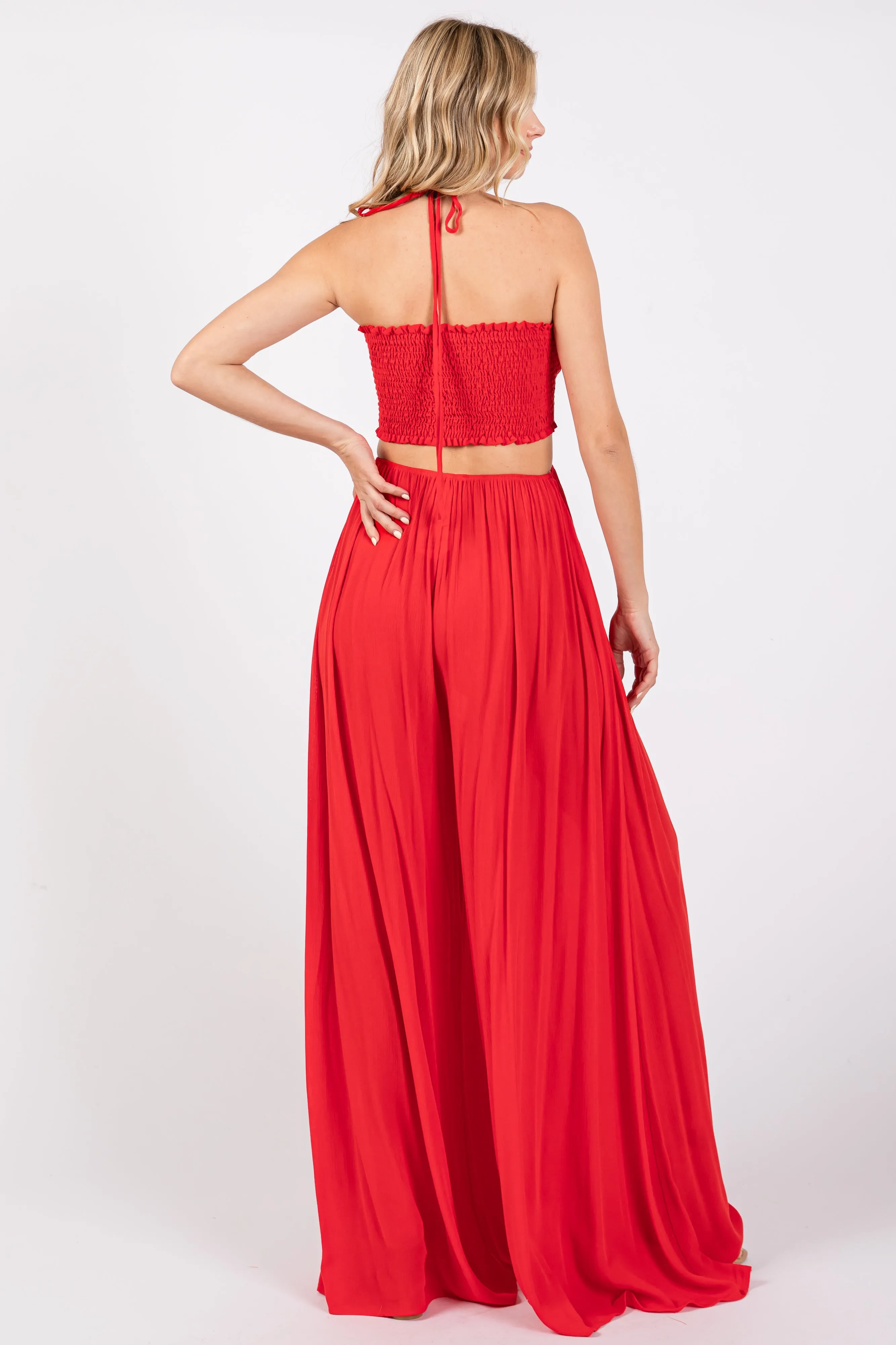 Red Smocked Drawstring Halter Side Cutout Jumpsuit sold by Pinkblush product image thumbnail 3